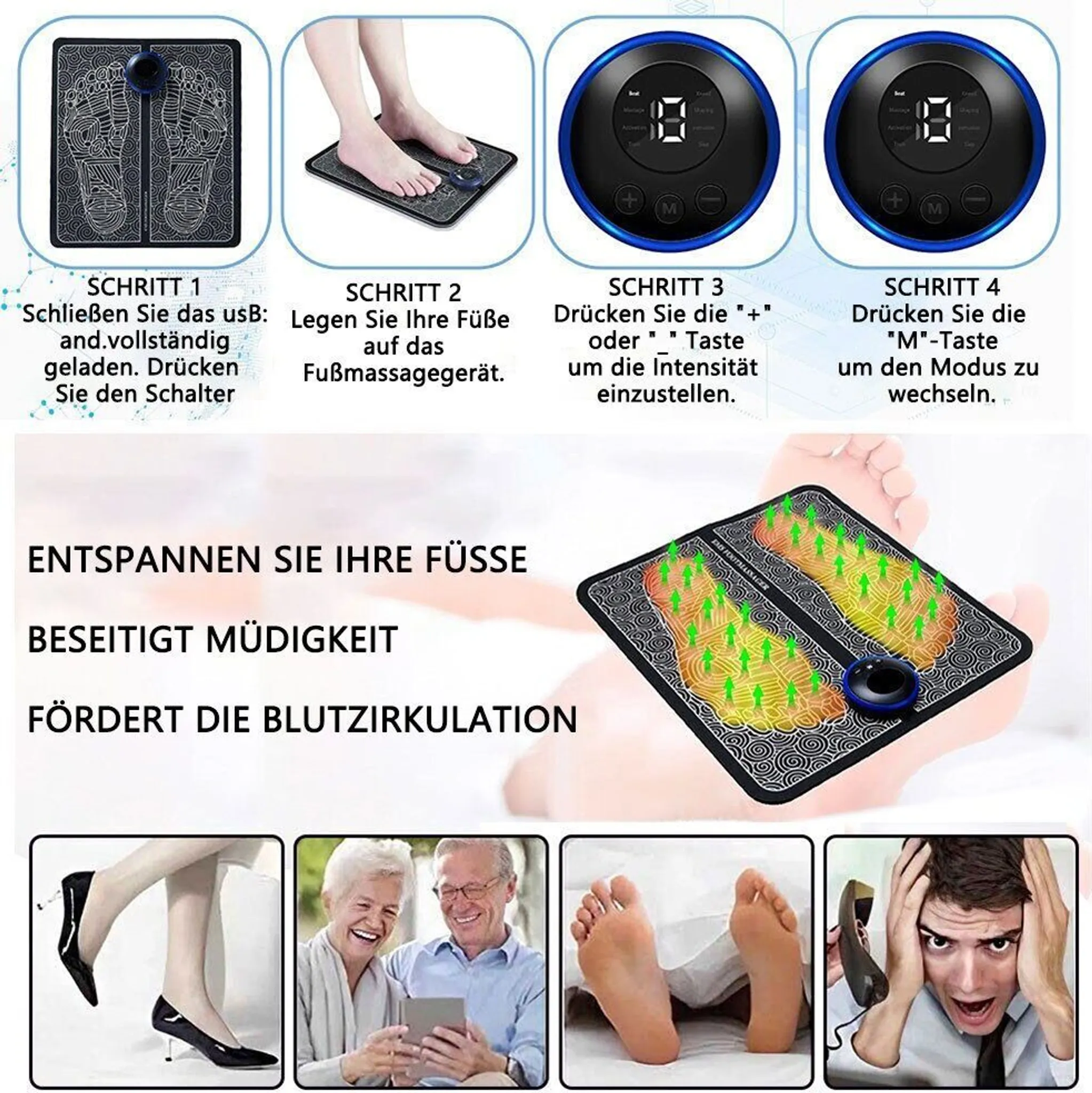 Fußmassagegerät mit Anweisungen. Bilder zeigen Fußplatzierung, Bedienelemente und Vorteile wie Entspannung und verbesserte Durchblutung.