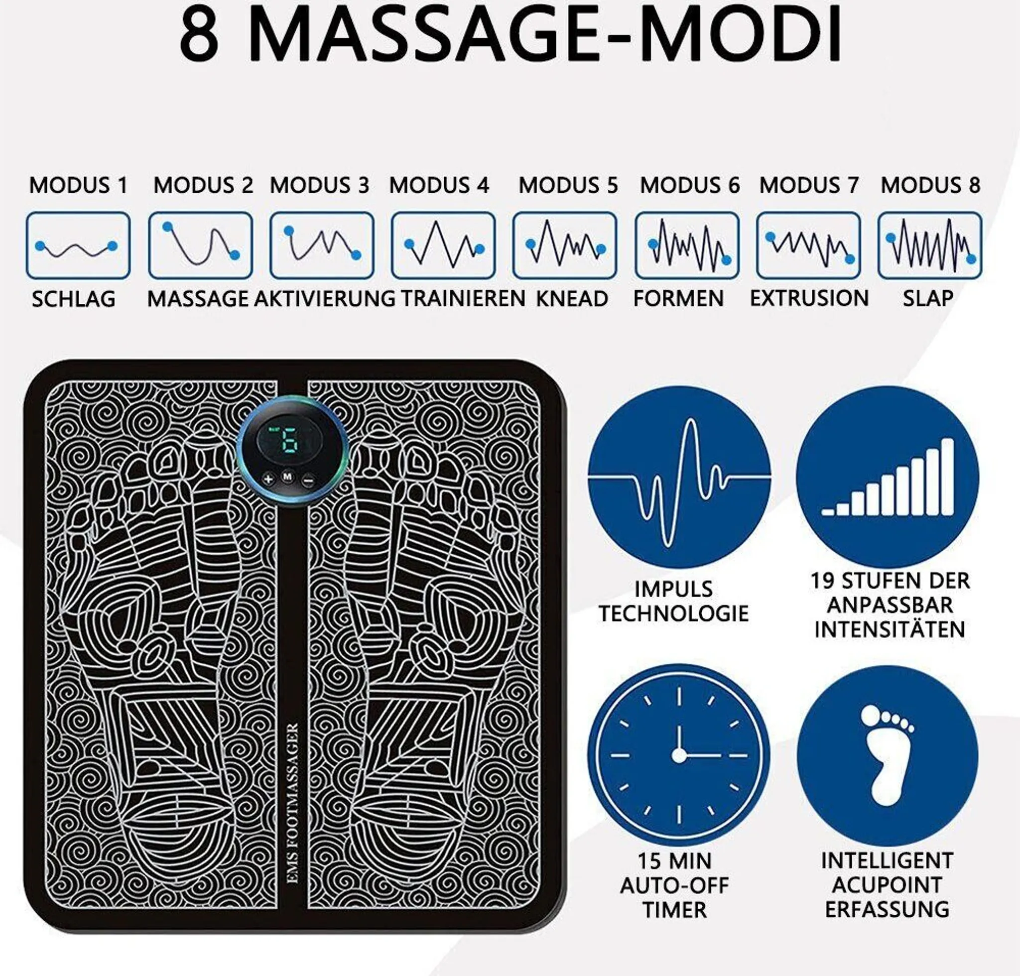 Ein Bild eines Fußmassagegeräts mit 8 Massagemodi, Intensitätsstufen, Impulstechnologie, Auto-Off-Timer und Akupunkt-Erkennung.