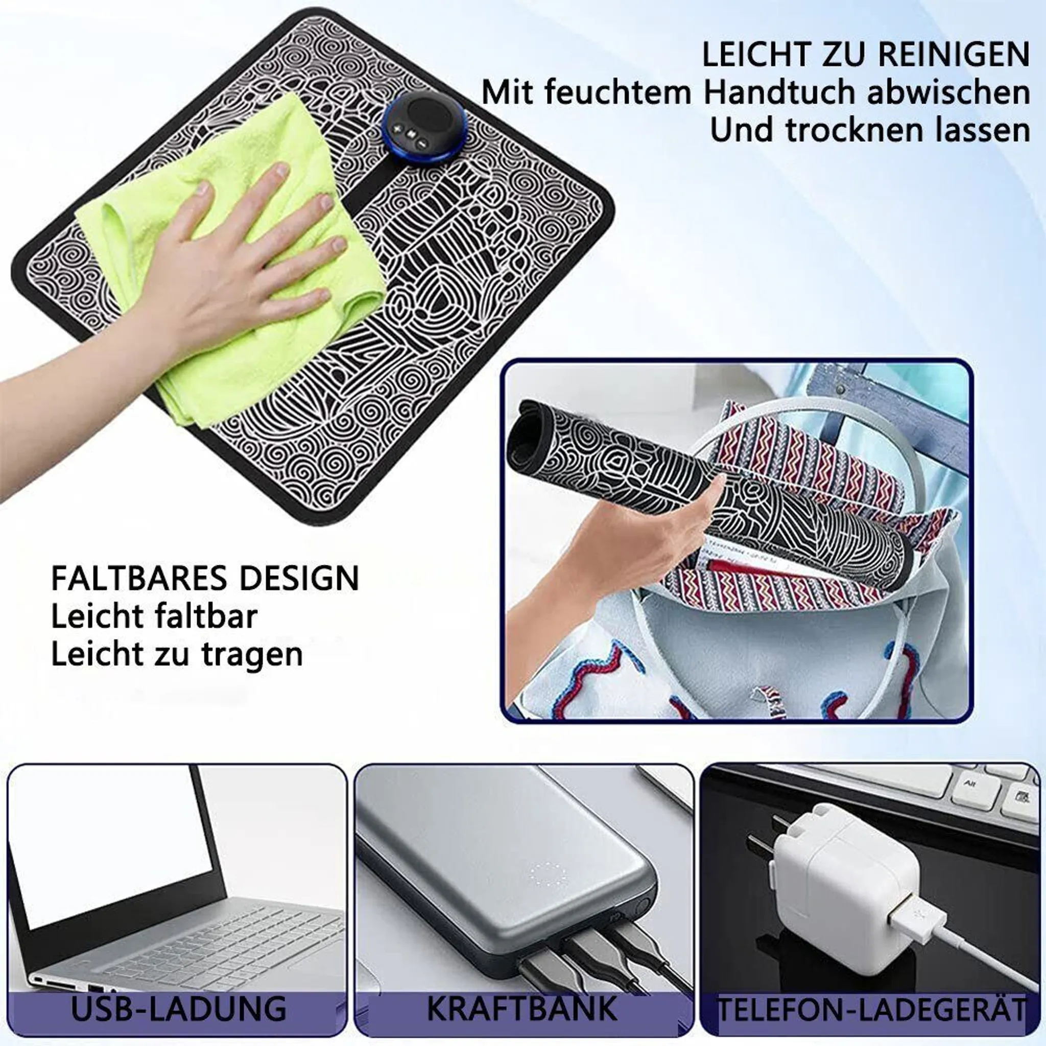 Eine Hand wischt ein schwarz-weiß gemustertes Massagepad mit einem grünen Tuch ab. Andere Bilder zeigen Zubehör.