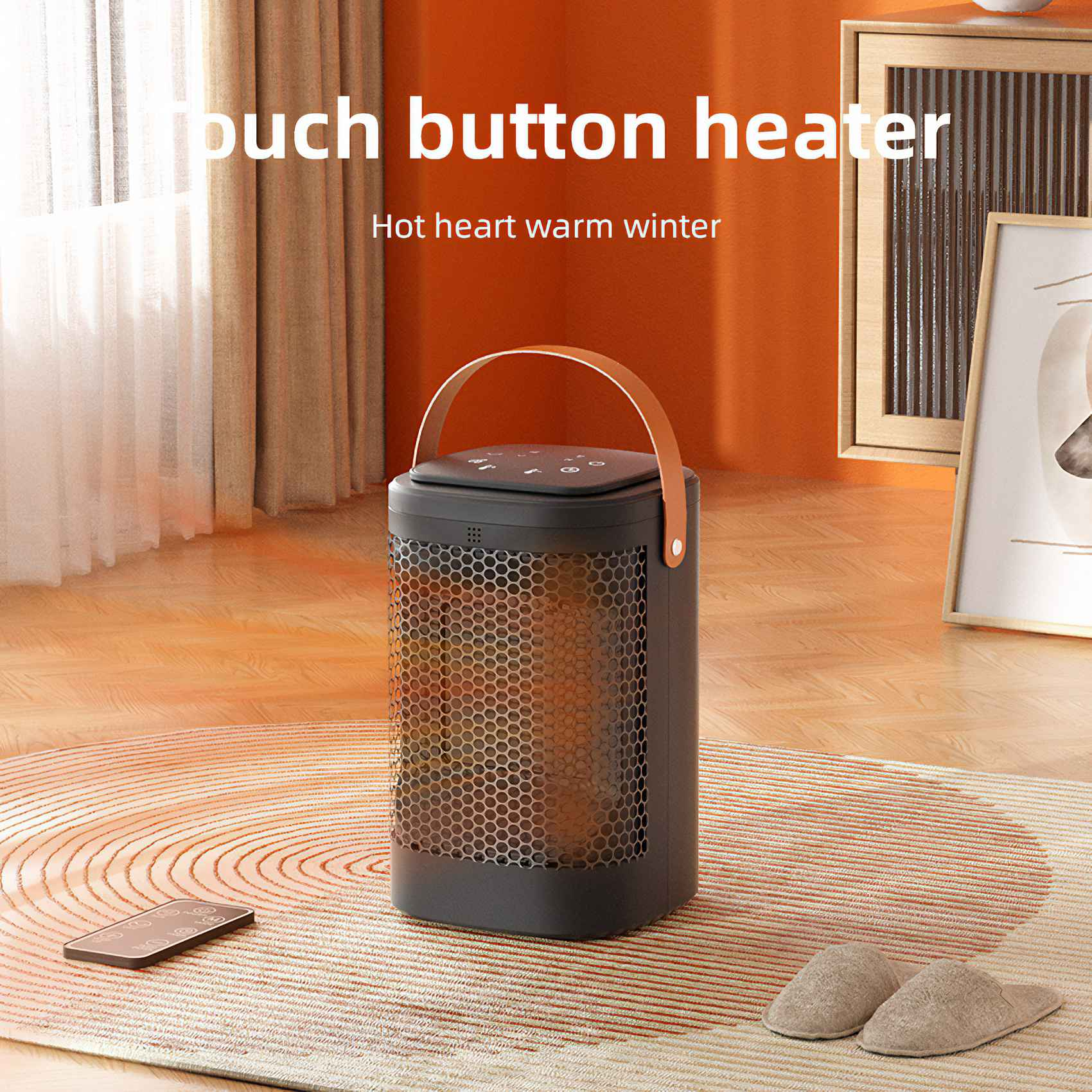 Ein schwarzer Heizkörper mit Touch-Taste und Griff auf einem Teppich, Hausschuhe und eine Fernbedienung liegen auf dem Boden.