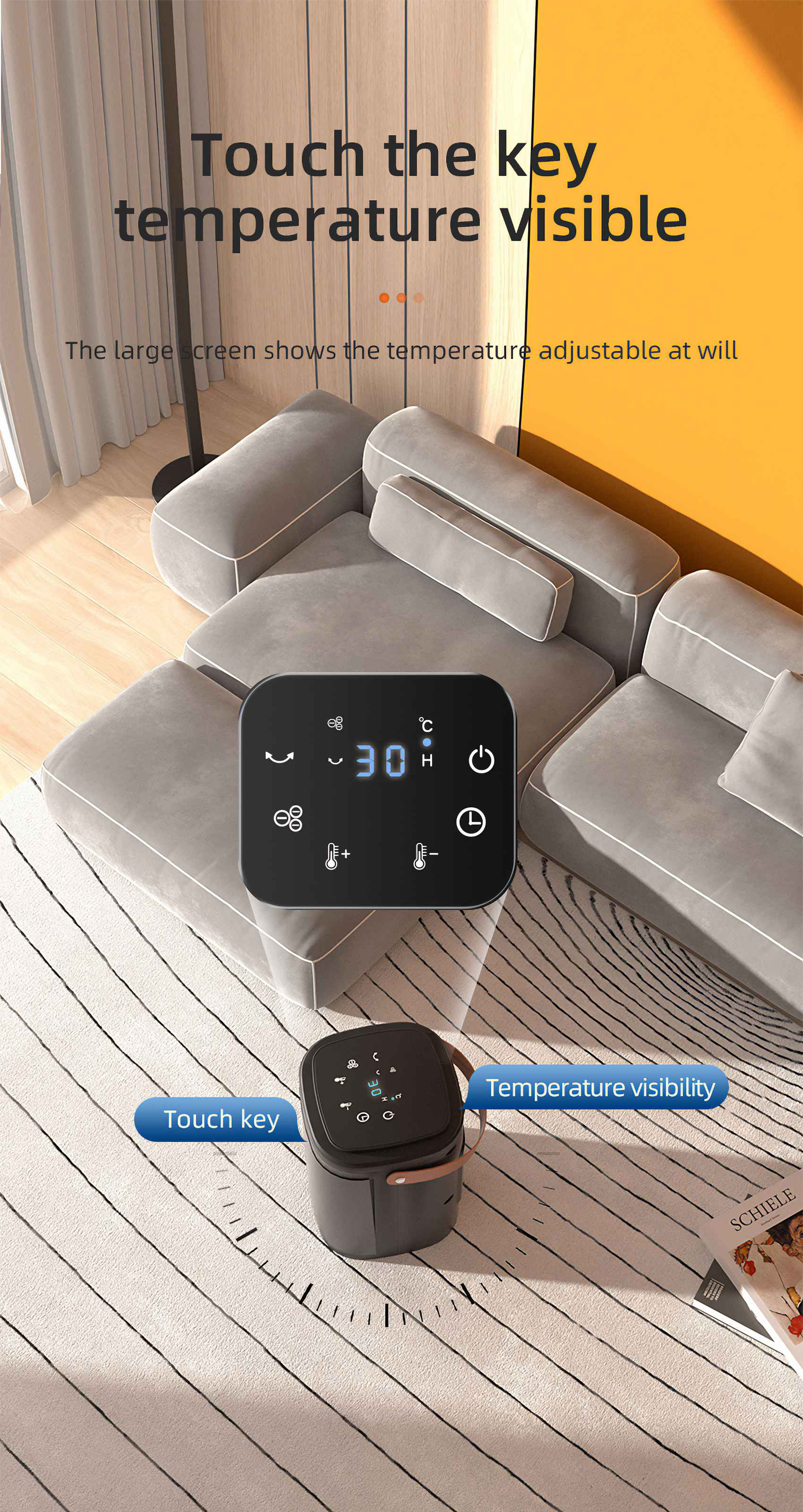 Ein Luftreiniger mit Digitalanzeige, die 30 Grad anzeigt. Er steht auf einem Teppich, im Hintergrund ein Sofa.