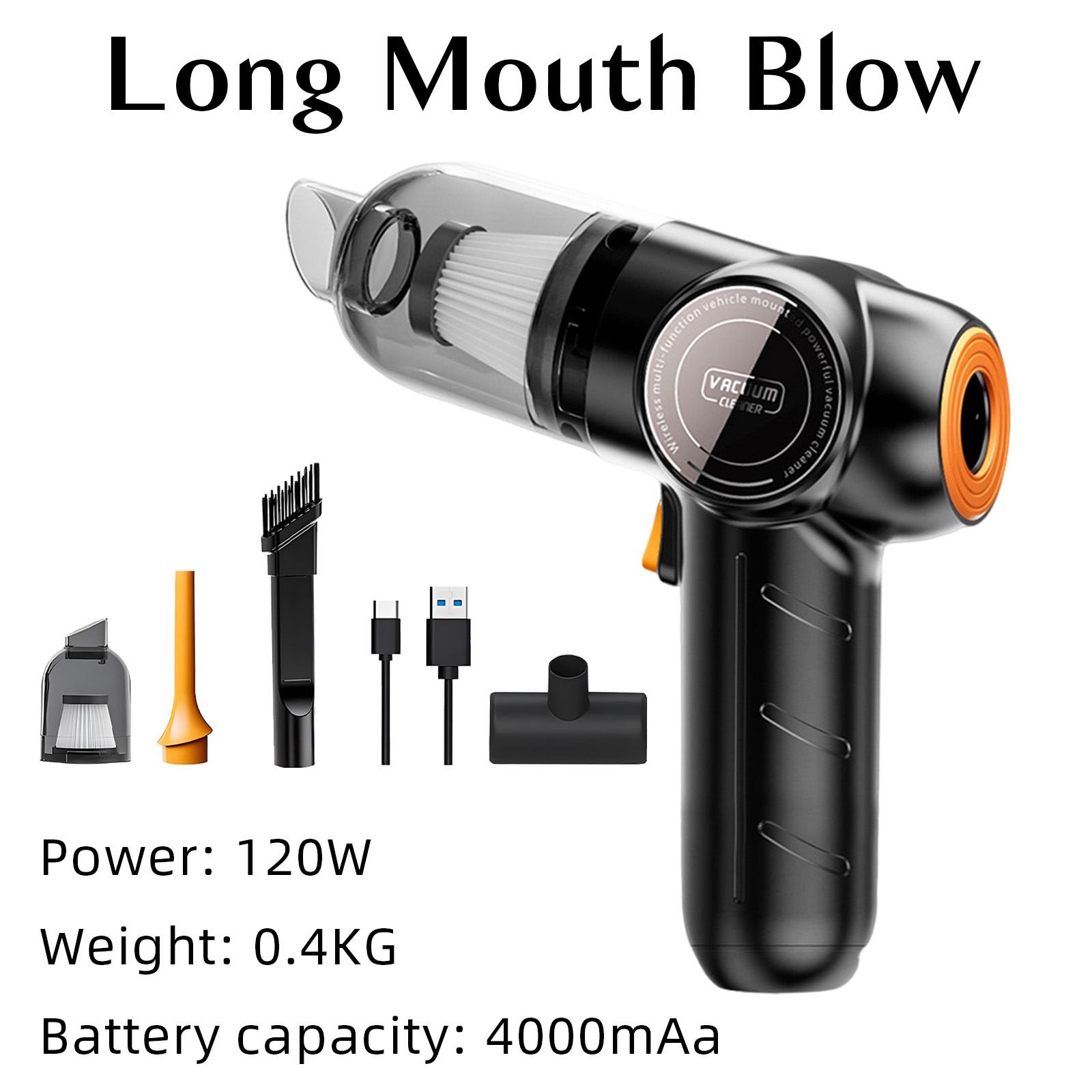 Ein schwarzer und orangefarbener Handstaubsauger mit Aufsätzen. Text auf dem Bild: Leistung: 120W, Gewicht: 0,4 kg, Batteriekapazität: 4000 mAh.