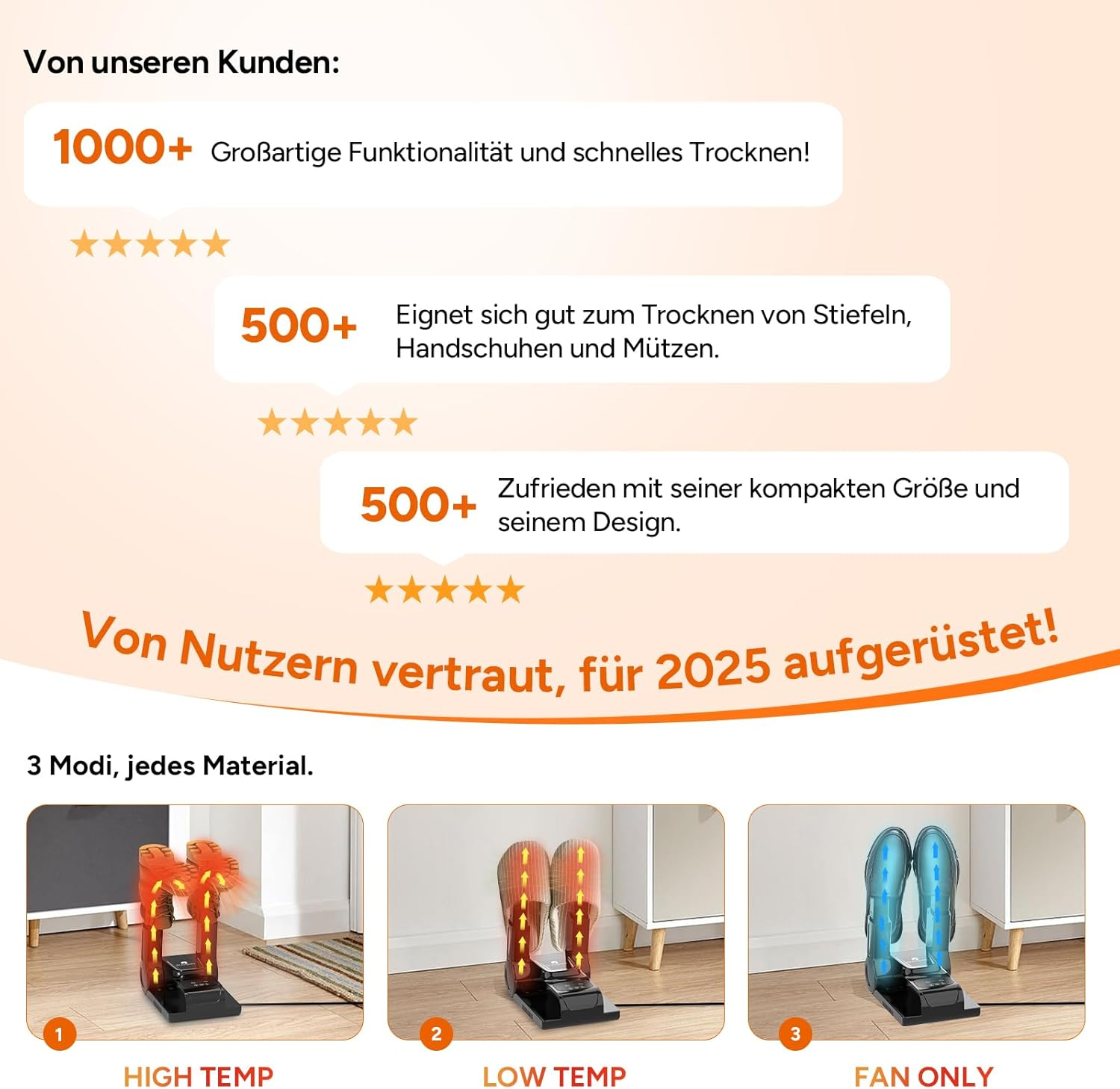 Eine Werbung zeigt einen Schuhtrockner mit drei Modi. Sie zeigt Kundenzufriedenheitsbewertungen und Produktmerkmale.