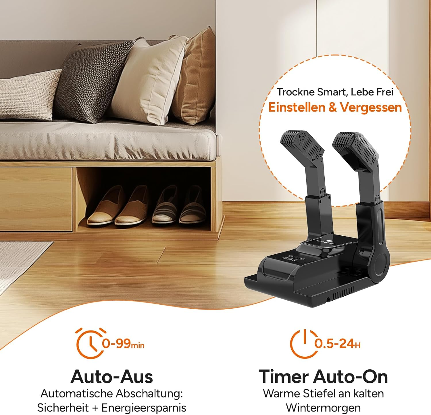 Ein elektrischer Schuhtrockner steht auf einem Holzboden. Im Hintergrund sind eine Couch und Schuhe zu sehen. Der Text lautet: "Smart trocknen, frei leben".