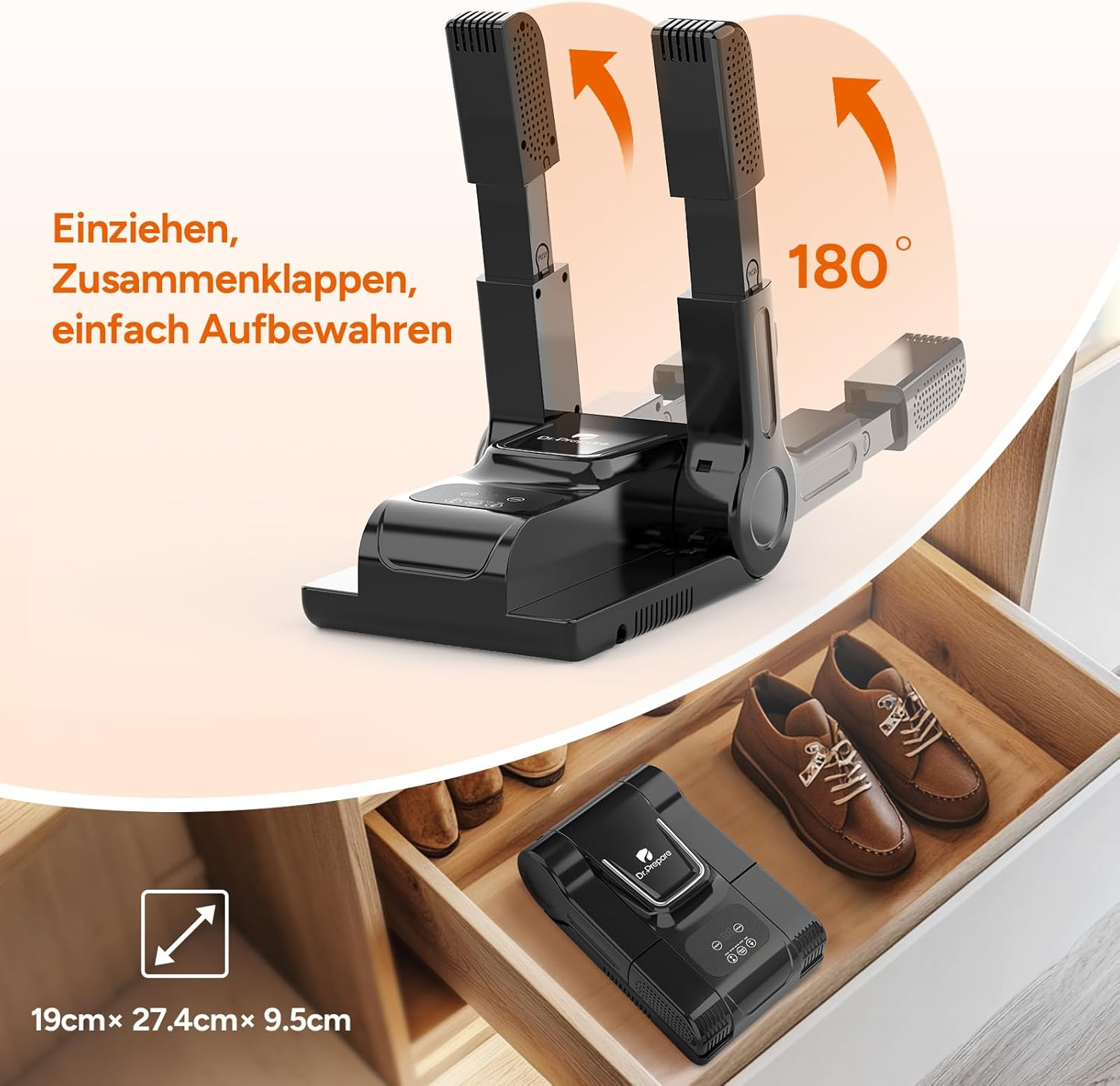 Ein schwarzer Schuhtrockner ist in einer Schublade zu sehen. Er befindet sich neben einem Paar brauner Schuhe. Der Text in Deutsch lautet: Einziehen, zusammenklappen, einfach aufbewahren.