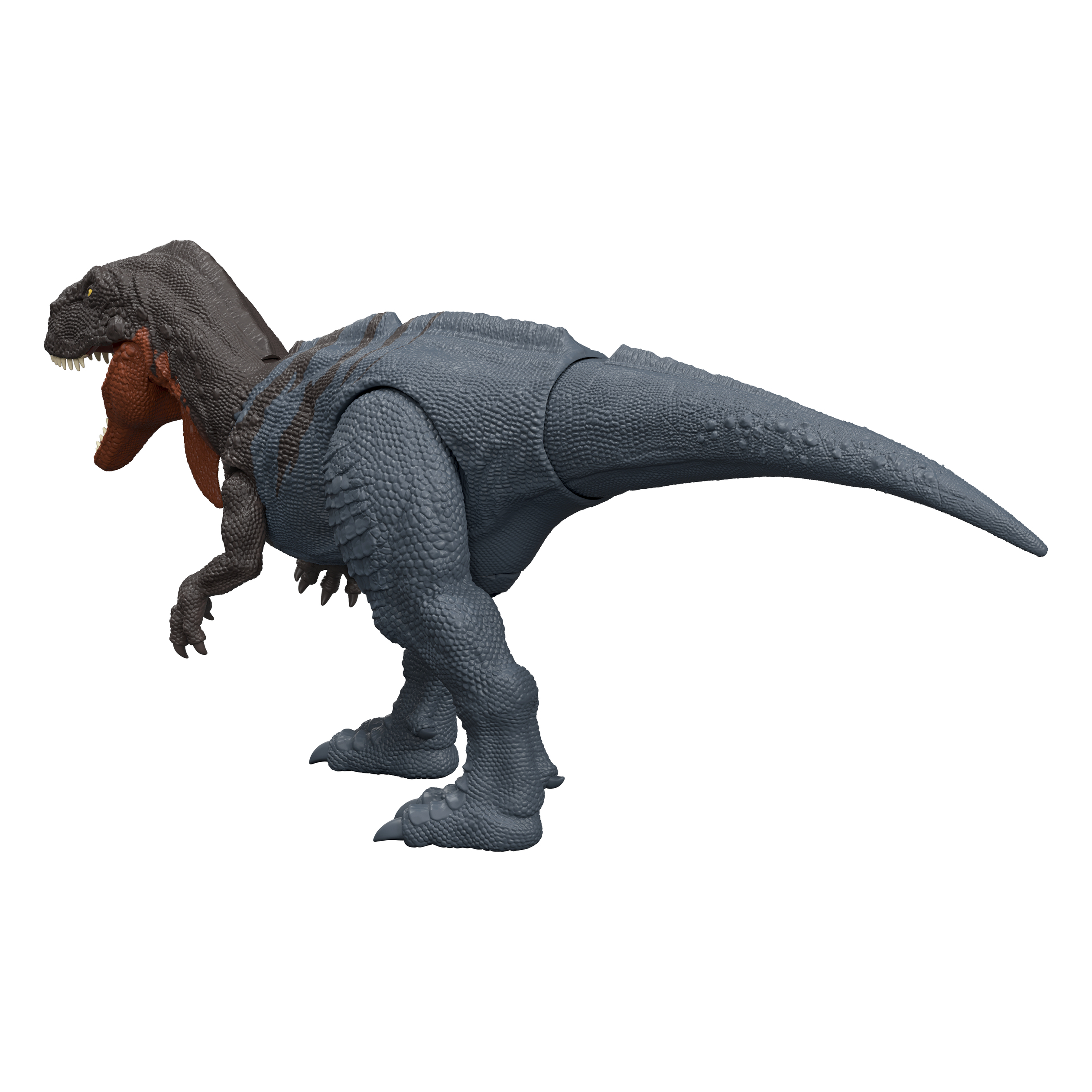 Un juguete de dinosaurio gris con cabeza gris oscuro y garganta roja. Está de pie sobre dos patas, cola extendida.