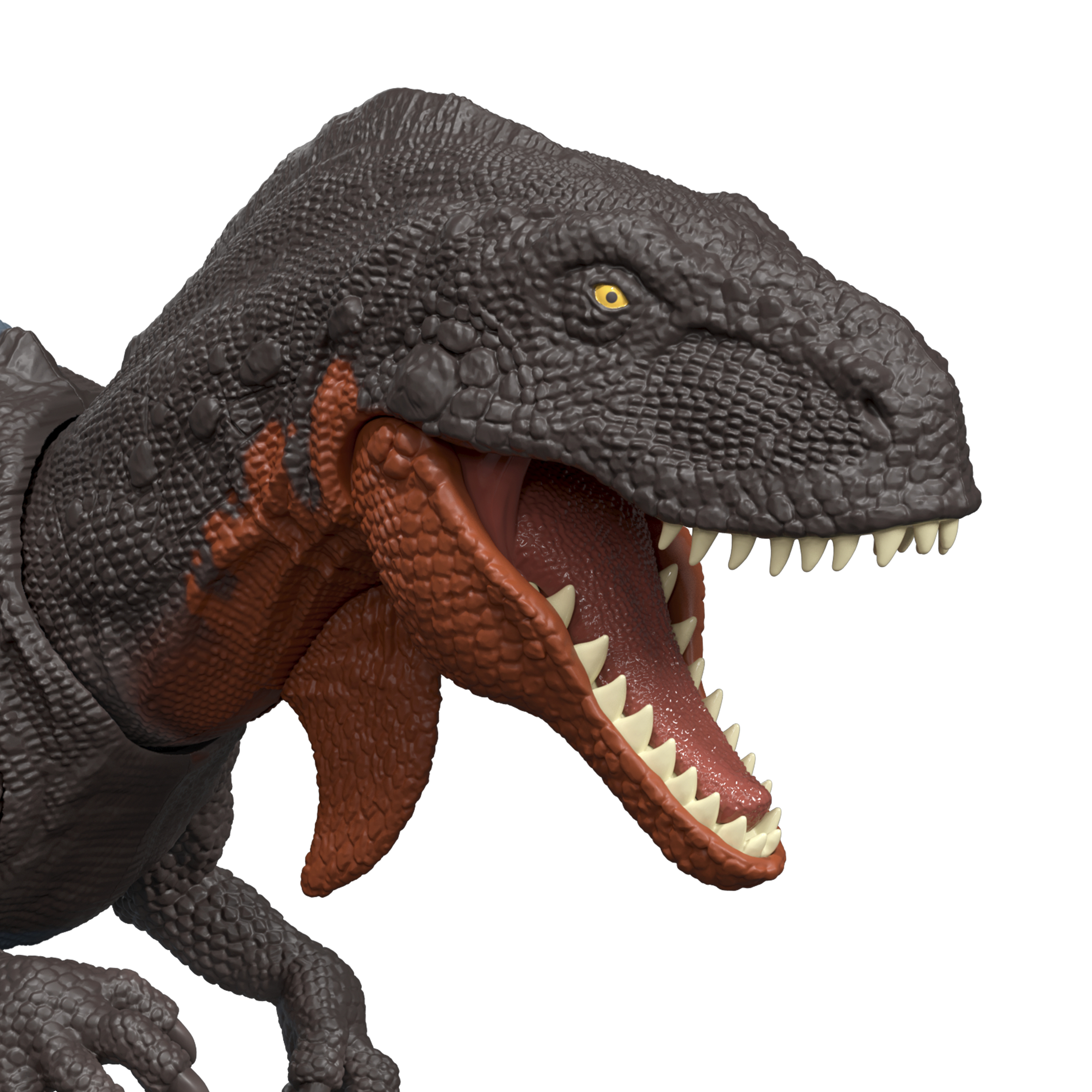 Se muestra la cabeza de un juguete de dinosaurio. Es marrón y tiene la boca abierta, mostrando dientes y un interior rojo. El fondo es blanco.