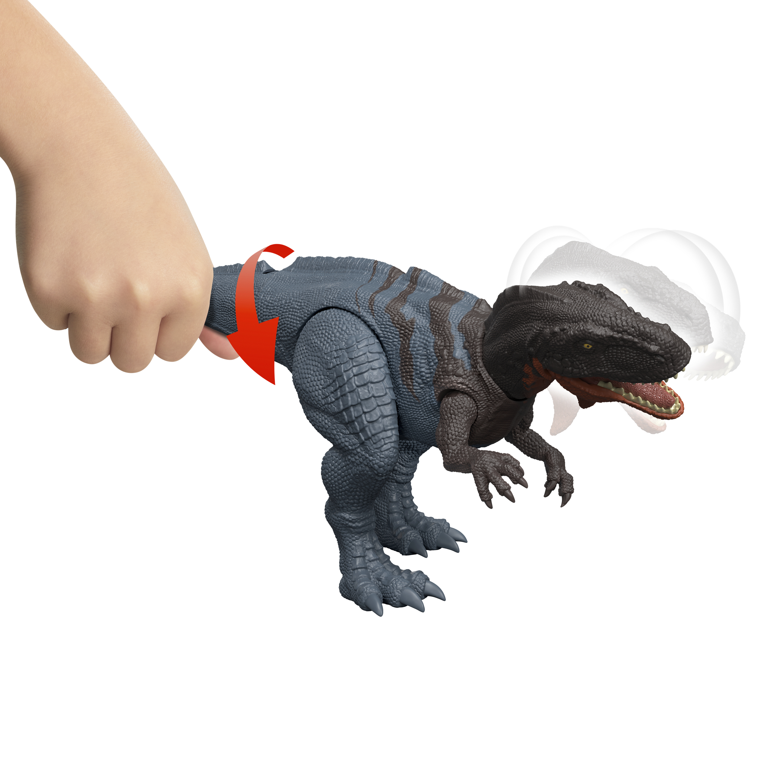 La mano de un niño sostiene un dinosaurio de juguete. El dinosaurio es azul con rayas negras y tiene la cabeza oscura. Flecha roja indica movimiento.