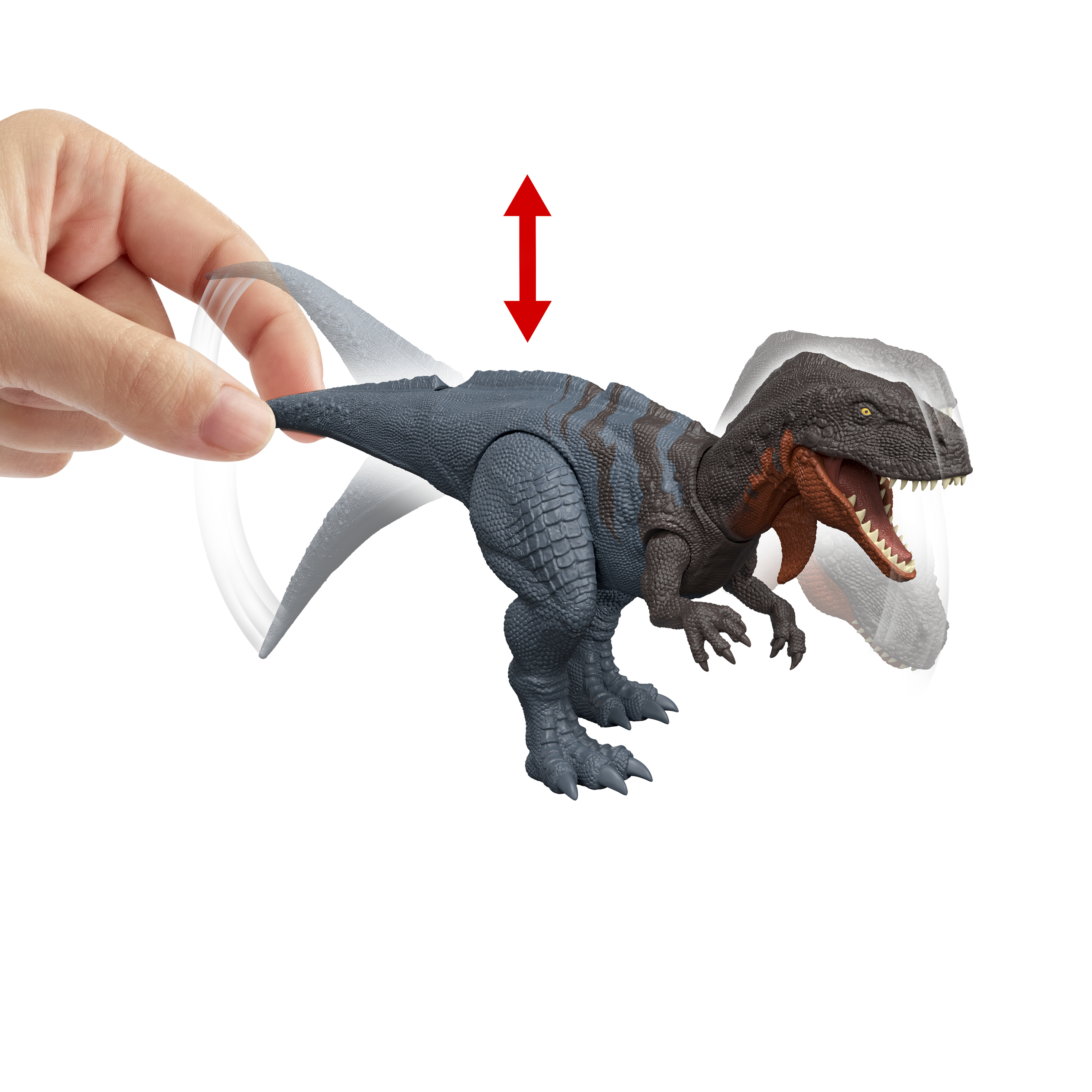 Una mano mueve un dinosaurio de juguete. El dinosaurio es gris, con una flecha roja encima. Fondo blanco.