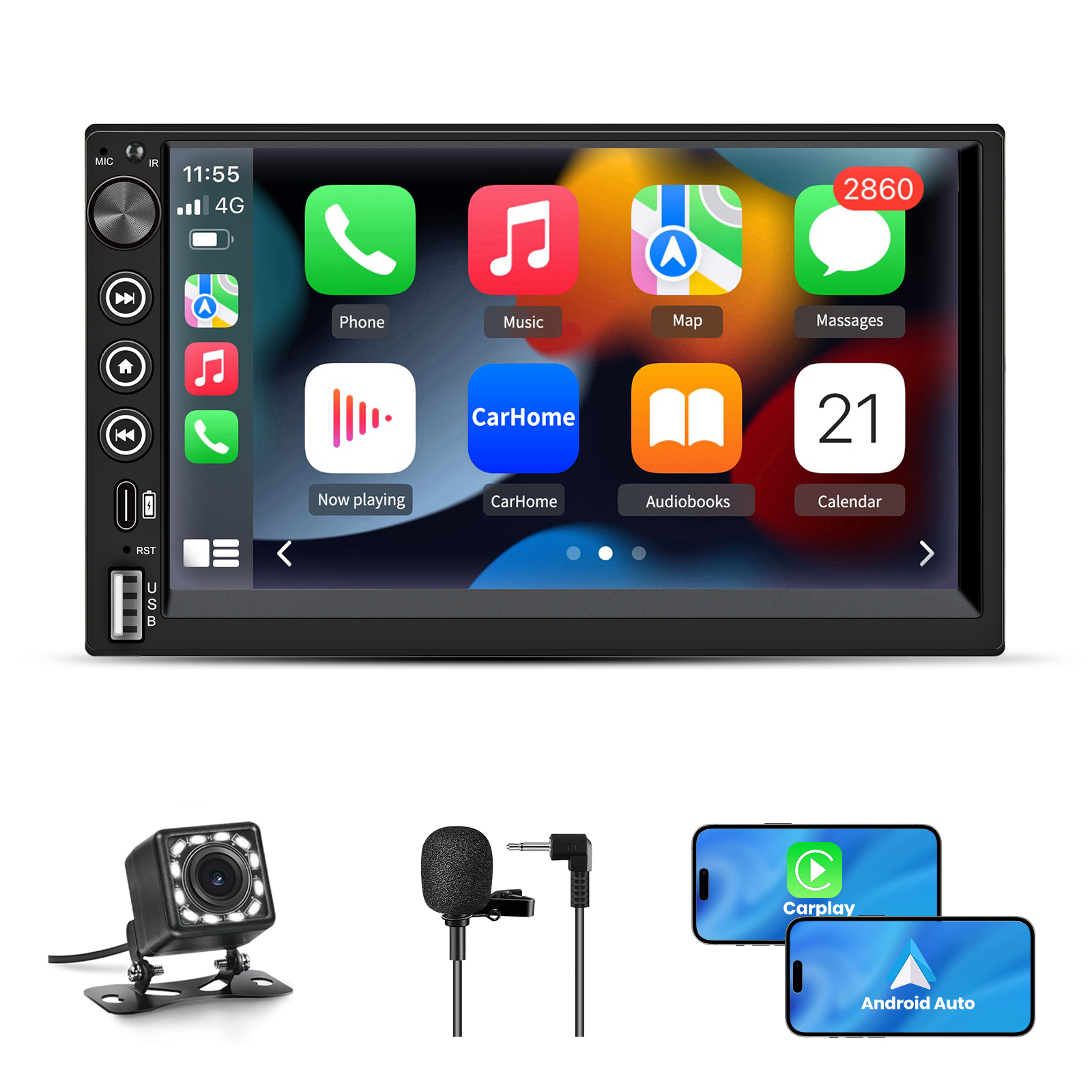 Radio samochodowe z aplikacjami, kamerą, mikrofonem i ekranami telefonów pokazującymi interfejsy CarPlay i Android Auto.
