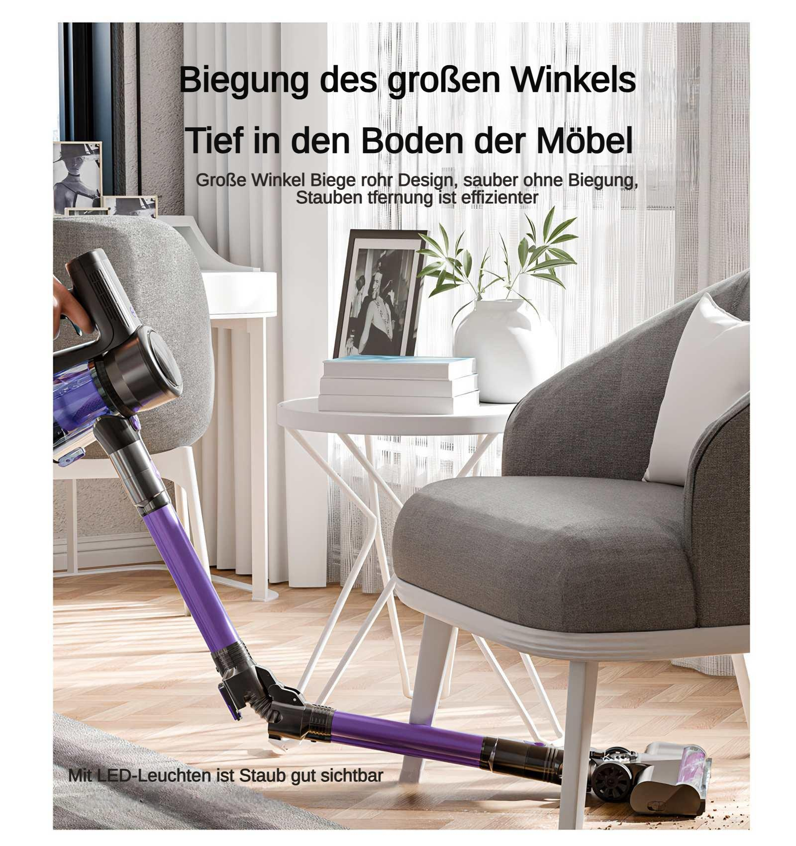 Ein violetter Staubsauger reinigt unter einem grauen Stuhl. Ein weißer Tisch und eine Vase sind im Hintergrund.
