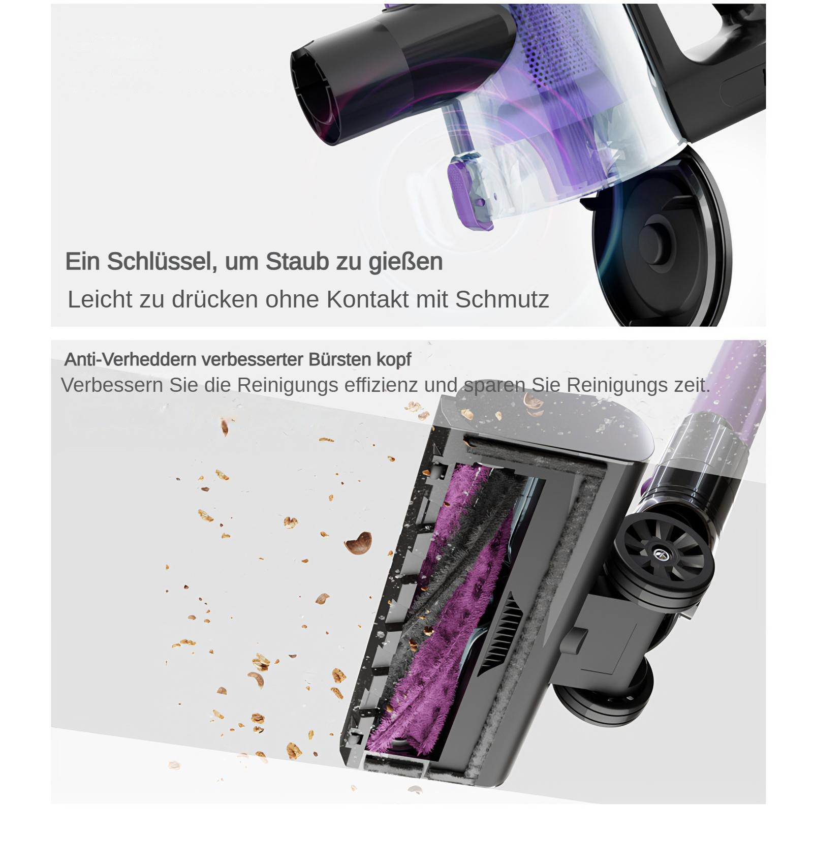 Ein Staubsauger mit Details und Text, der eine einfache Staubentfernung und einen Anti-Tangle-Bürstenkopf anzeigt.