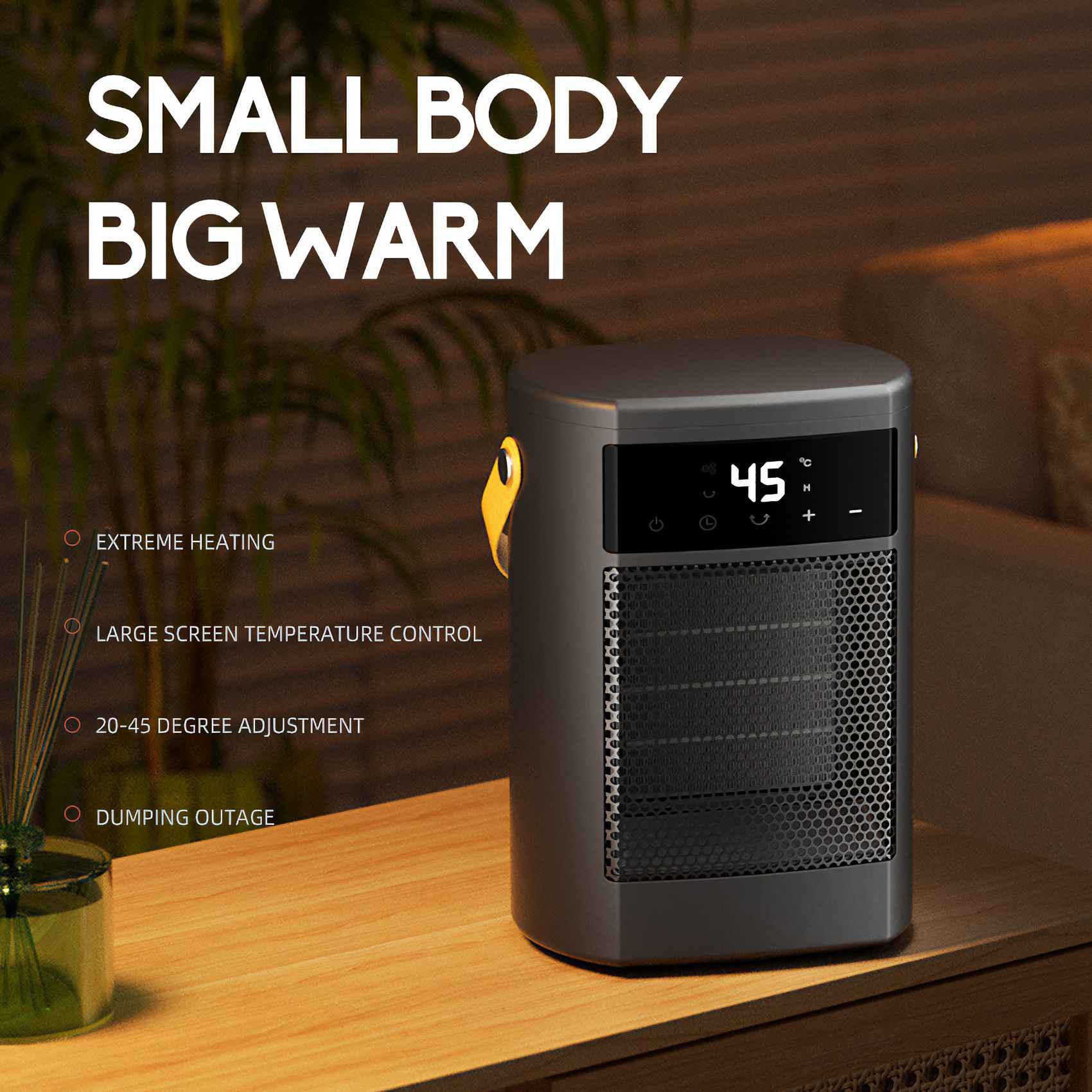 Ein schwarzer und grauer Heizlüfter mit Digitalanzeige. Der Text lautet 'SMALL BODY BIG WARM'. Es steht auf einem Holztisch.