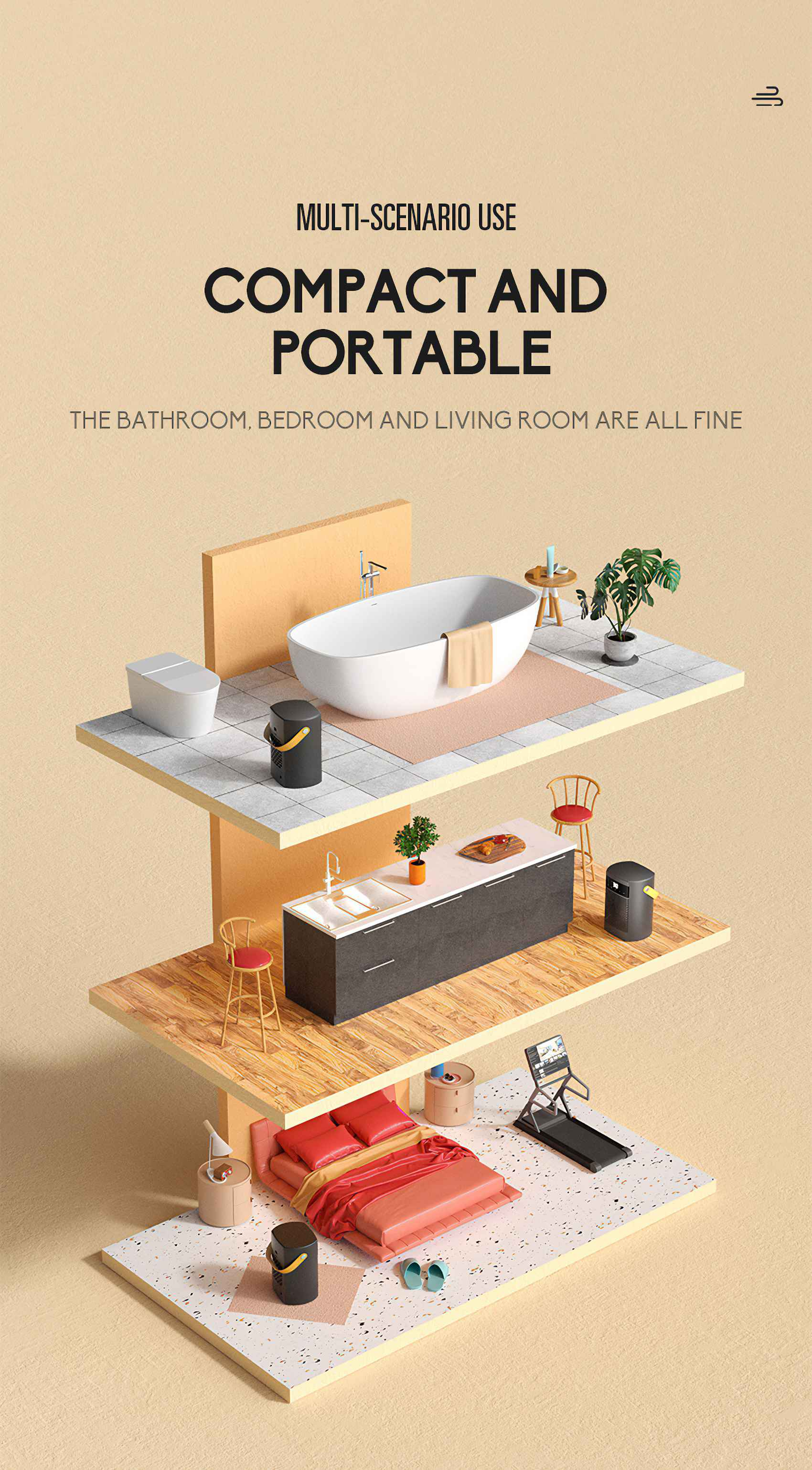 Eine illustrierte Szene mit mehreren Ebenen zeigt ein Badezimmer-, Küchen- und Schlafzimmer-Setup, das ein kompaktes und tragbares Design zeigt.