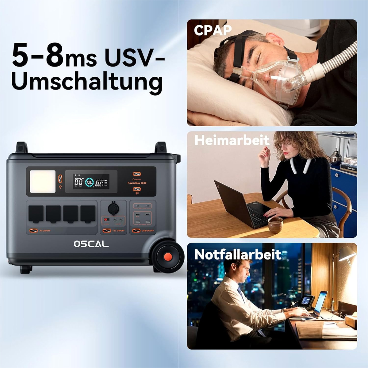 Das Bild zeigt eine Powerstation mit Illustrationen von CPAP-Nutzung, Heimarbeit und Notfallszenarien.