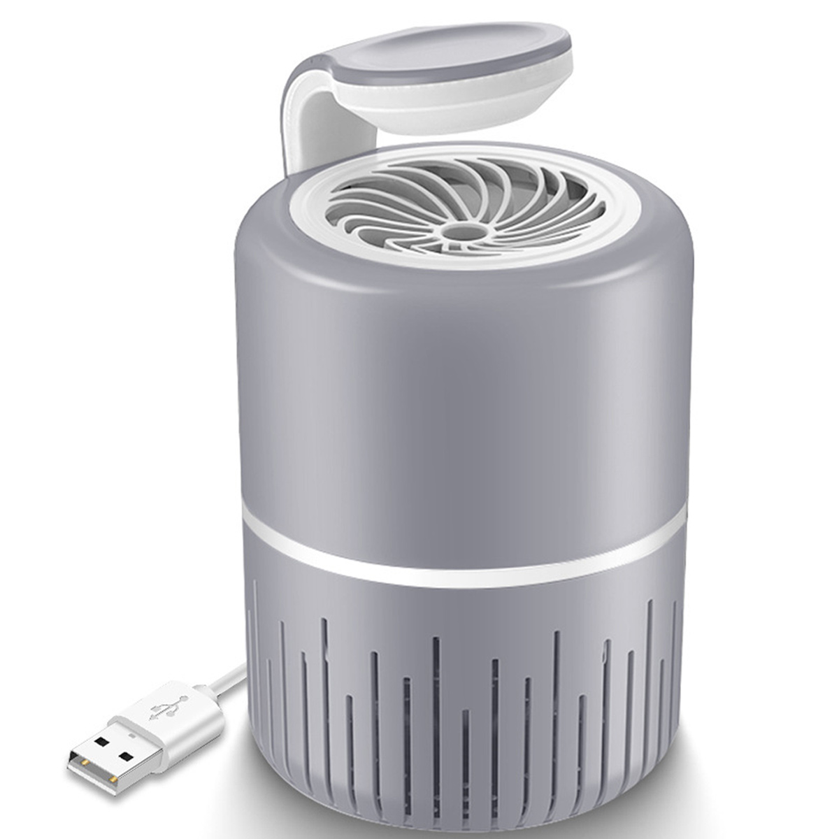 Ein grauer zylindrischer Mückenvernichter mit weißem Griff und Oberteil. Ein USB-Kabel ist mit dem Unterteil verbunden.
