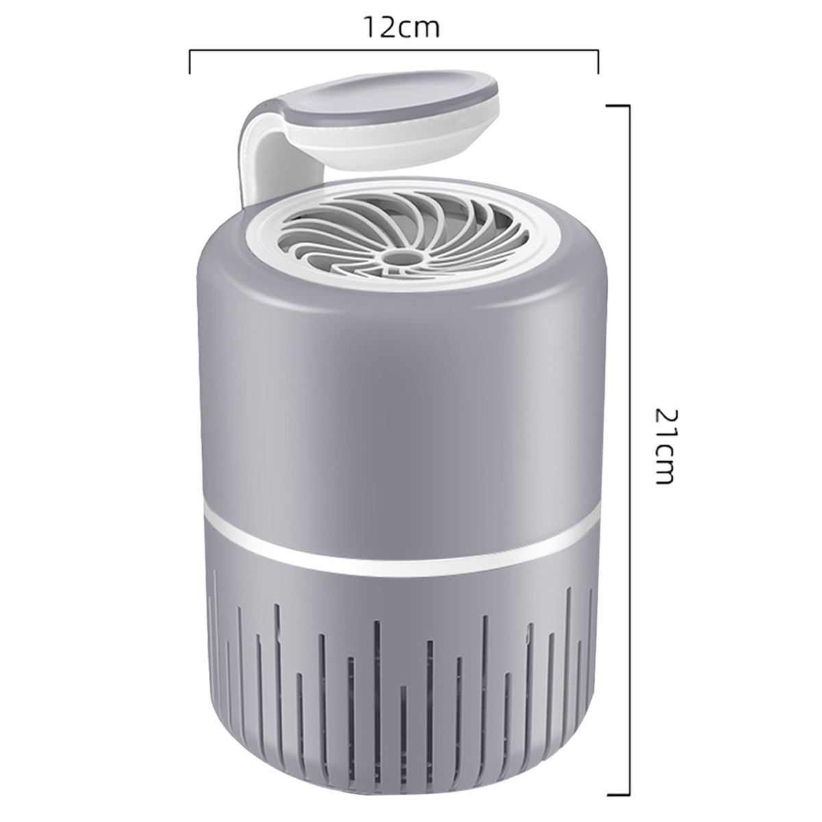 Grauer zylindrischer Mückenvernichter mit weißem Deckel und gebogenem Griff. Abmessungen: 12 cm breit und 21 cm hoch.