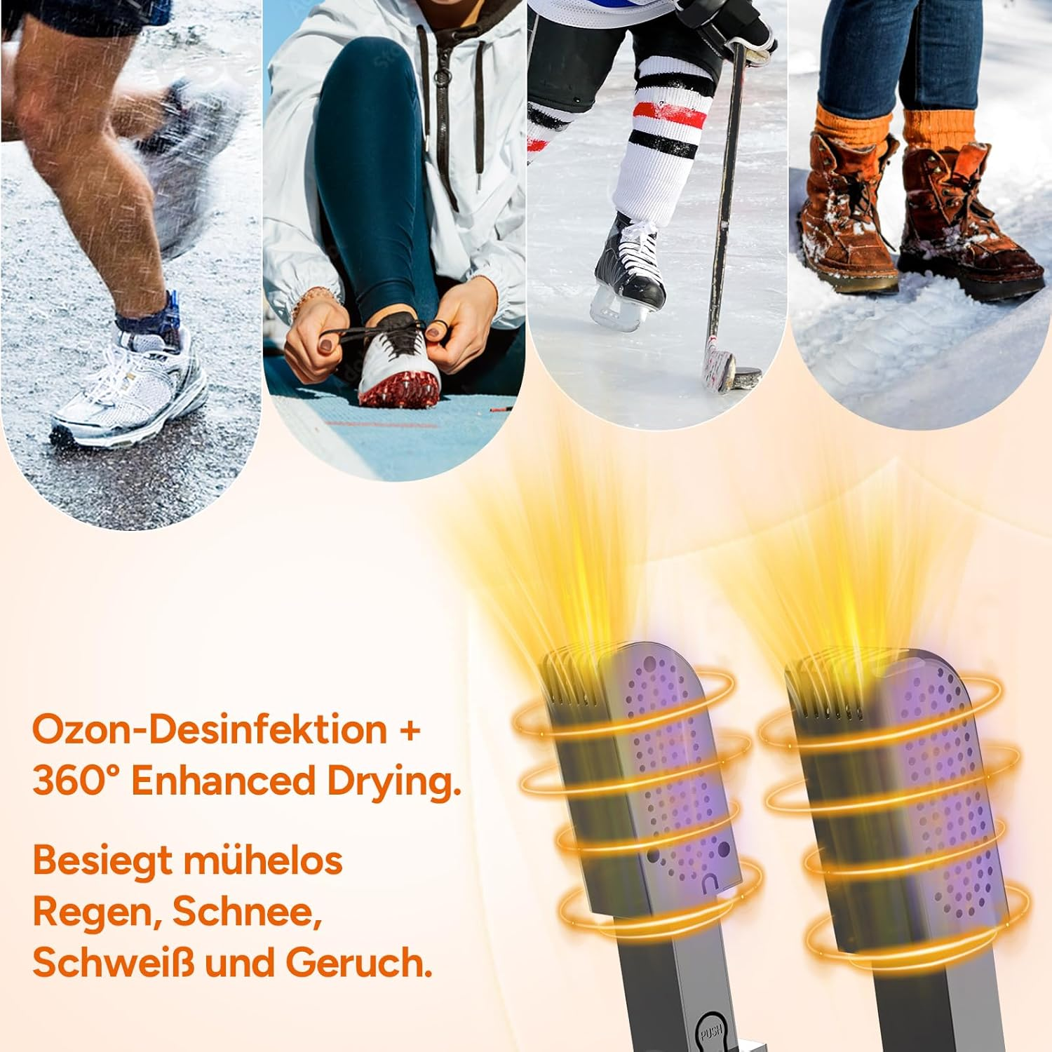 Das Bild zeigt Füße im Regen, Schuhe binden, Eishockeyspieler und Stiefel im Schnee, mit Text: Ozon-Desinfektion + 360° Enhanced Drying.