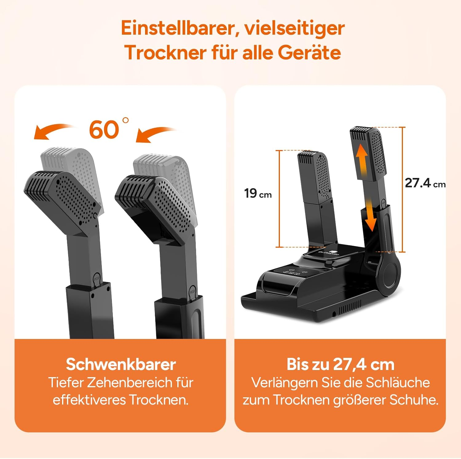 Das Bild zeigt einen schwarzen Schuhtrockner mit verstellbaren Armen, Abmessungen und Funktionen. Text enthält 'einstellbarer Trockner für alle Geräte'.