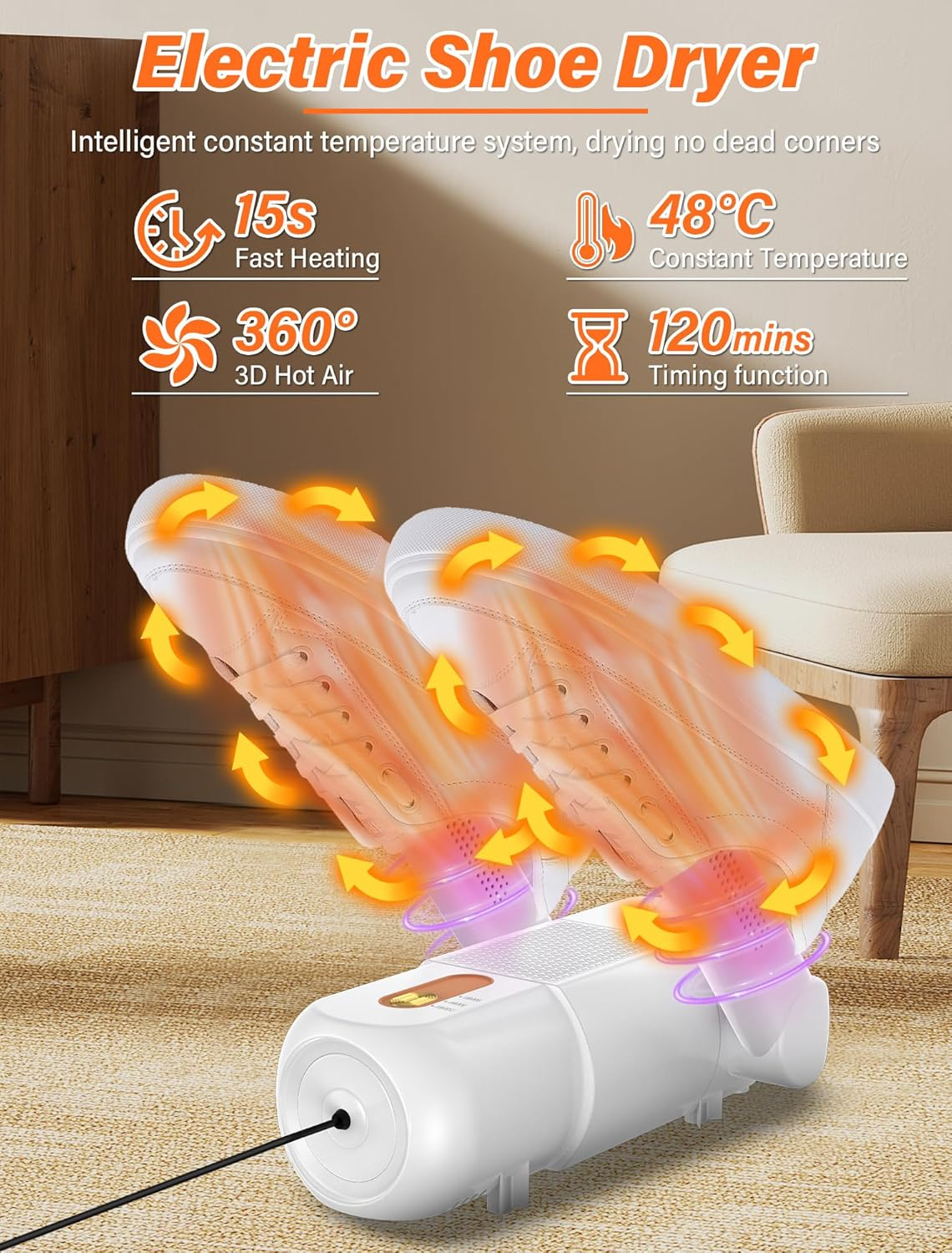 Ein elektrischer Schuhtrockner mit Schuhen oben drauf und Produktinformationen. Im Hintergrund ein Stuhl und ein Holzschrank.