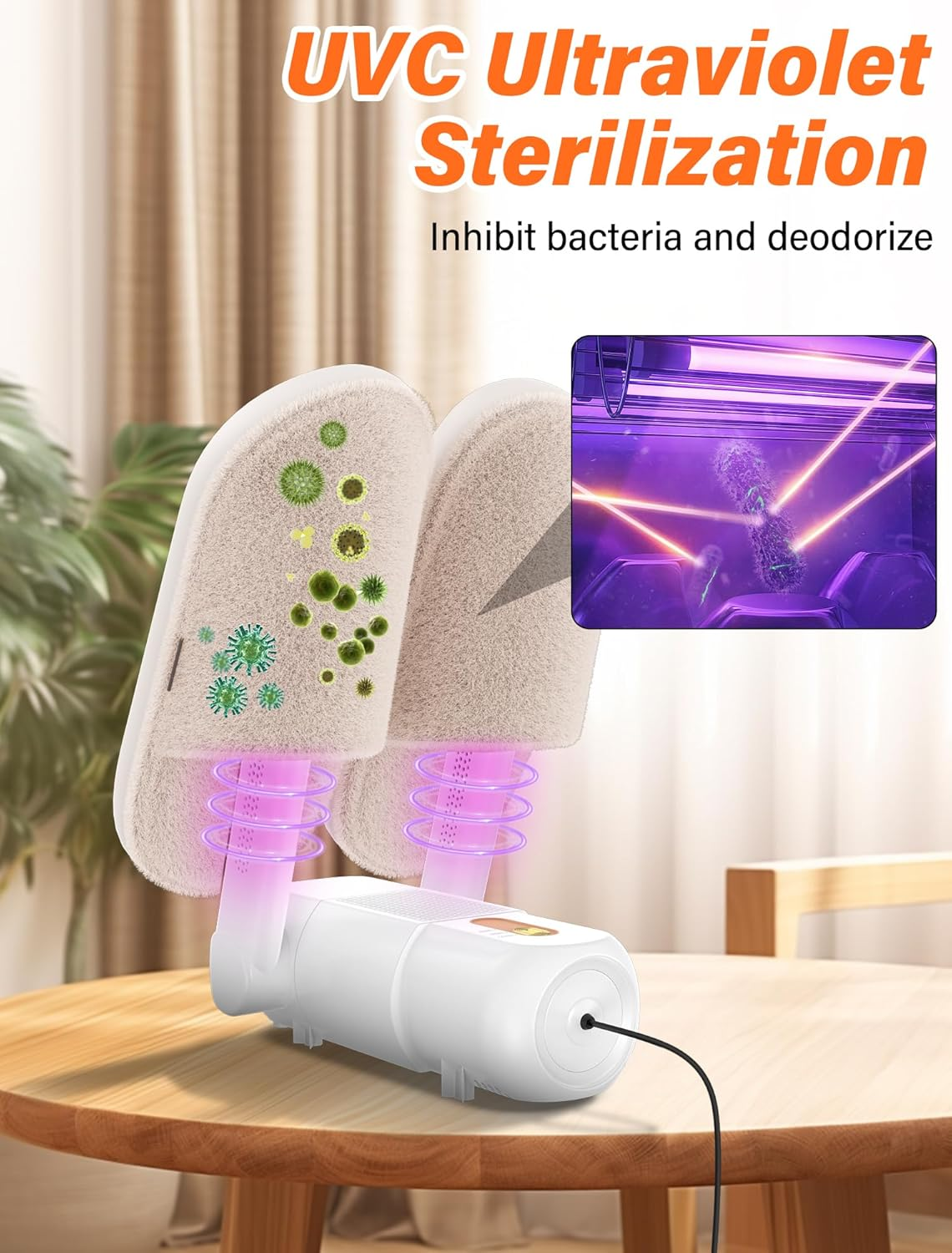 Ein Schuhdesinfektionsmittel mit UVC-Sterilisation. Hausschuhe werden auf das Gerät gestellt, das violettes Licht aussendet. Text lautet: 'Hemmt Bakterien und desodoriert'.