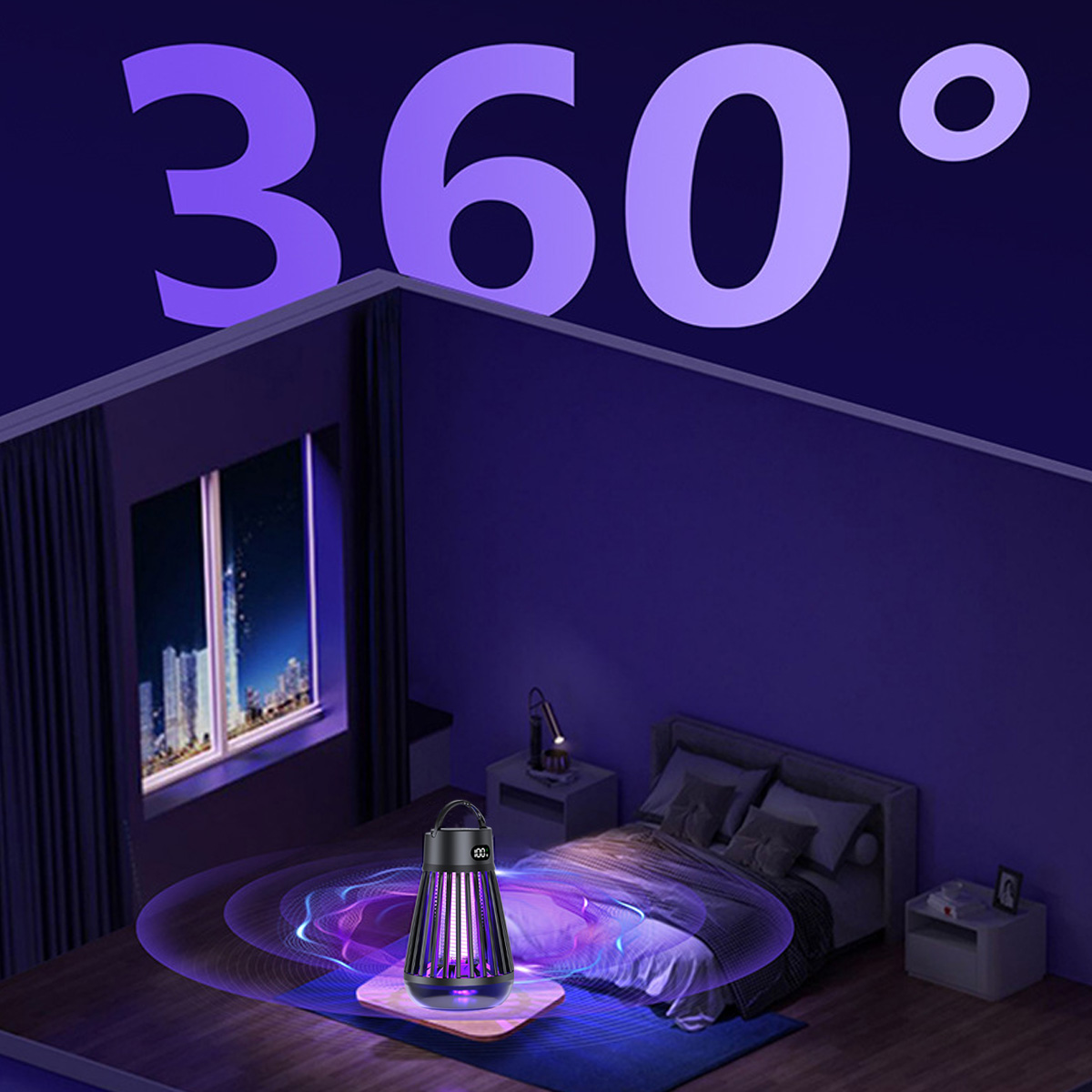 Ein Insektenvernichter in einem Schlafzimmer mit Bett und Fenster. Lila 360°-Text steht oben.