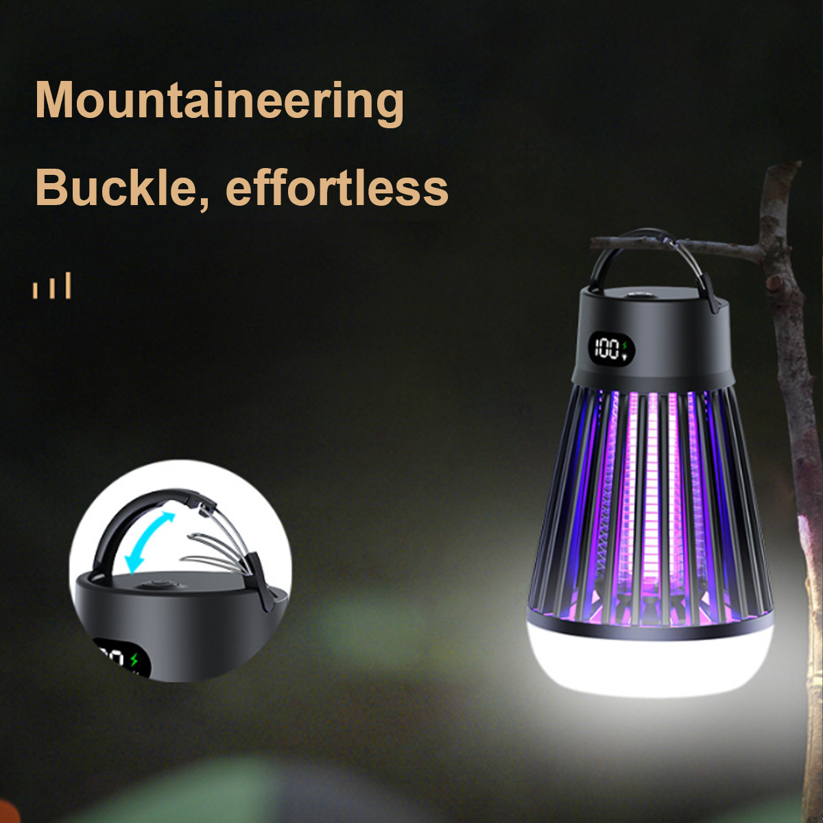 Schwarze Insektenvernichterlampe mit Griff, hängt an einem Ast. Verfügt über ein Display mit 100 % Ladung. Text: Bergsteigen, Schnalle, mühelos.