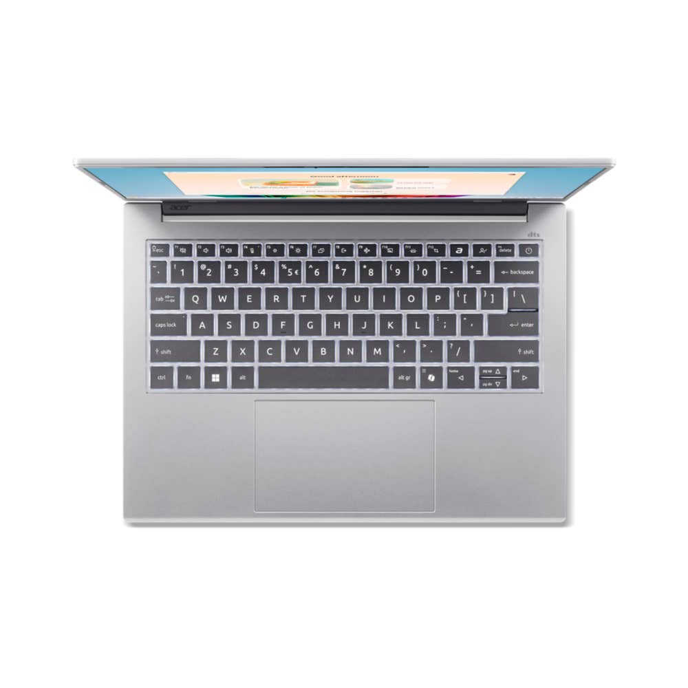 Srebrny laptop z otwartym ekranem wyświetla kolorowy interfejs. Klawiatura jest widoczna.