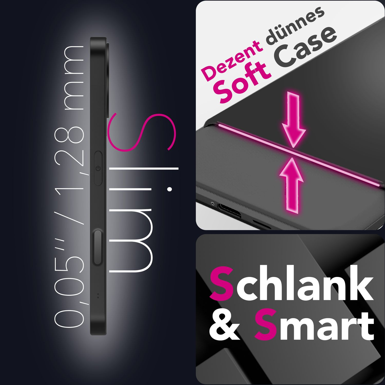 Schwarze Handyhülle mit dem Wort „Slim“ und Abmessungen. Die Hülle ist „Soft Case“ mit Text „Schlank & Smart“.