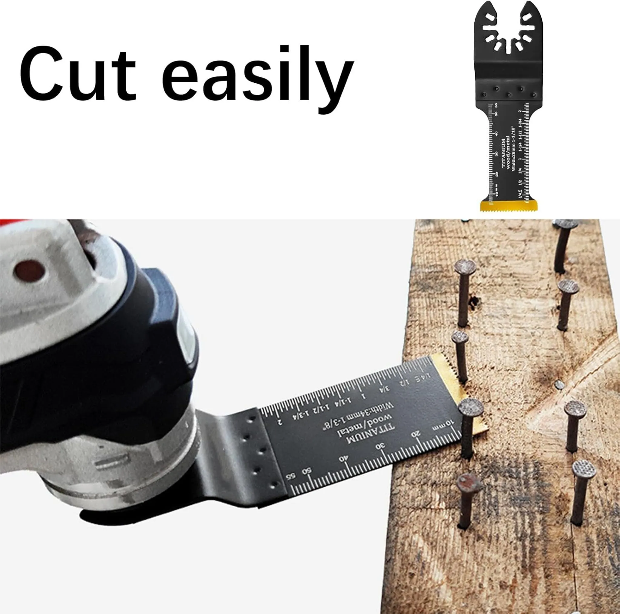 Ein Sägeblatt schneidet Holz. Der Text 'Cut easily' steht darüber. Nägel sind im Holz.
