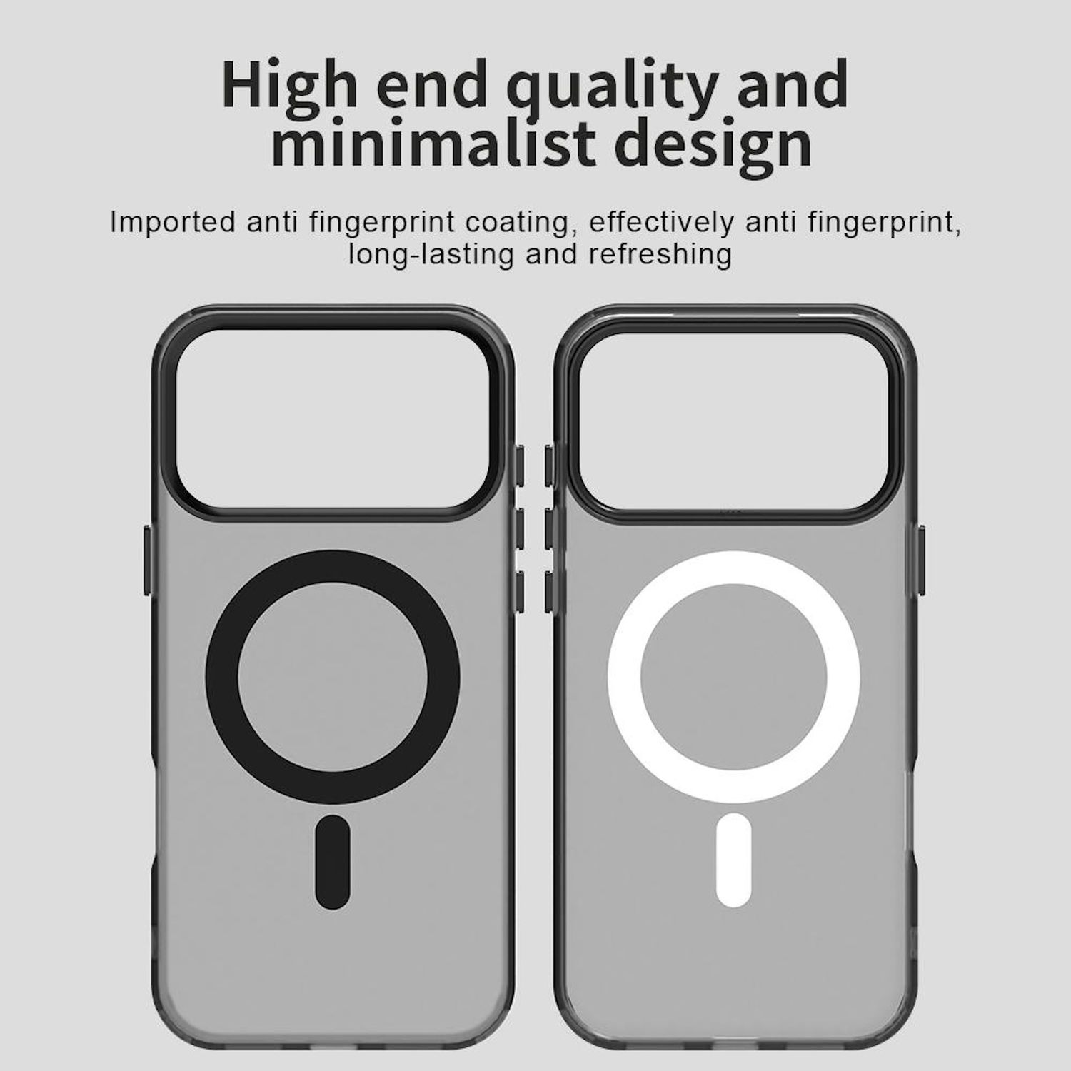 Zwei Handyhüllen mit Kreis und Minuszeichen. Der Text lautet: 'Hochwertige Qualität und minimalistisches Design'.