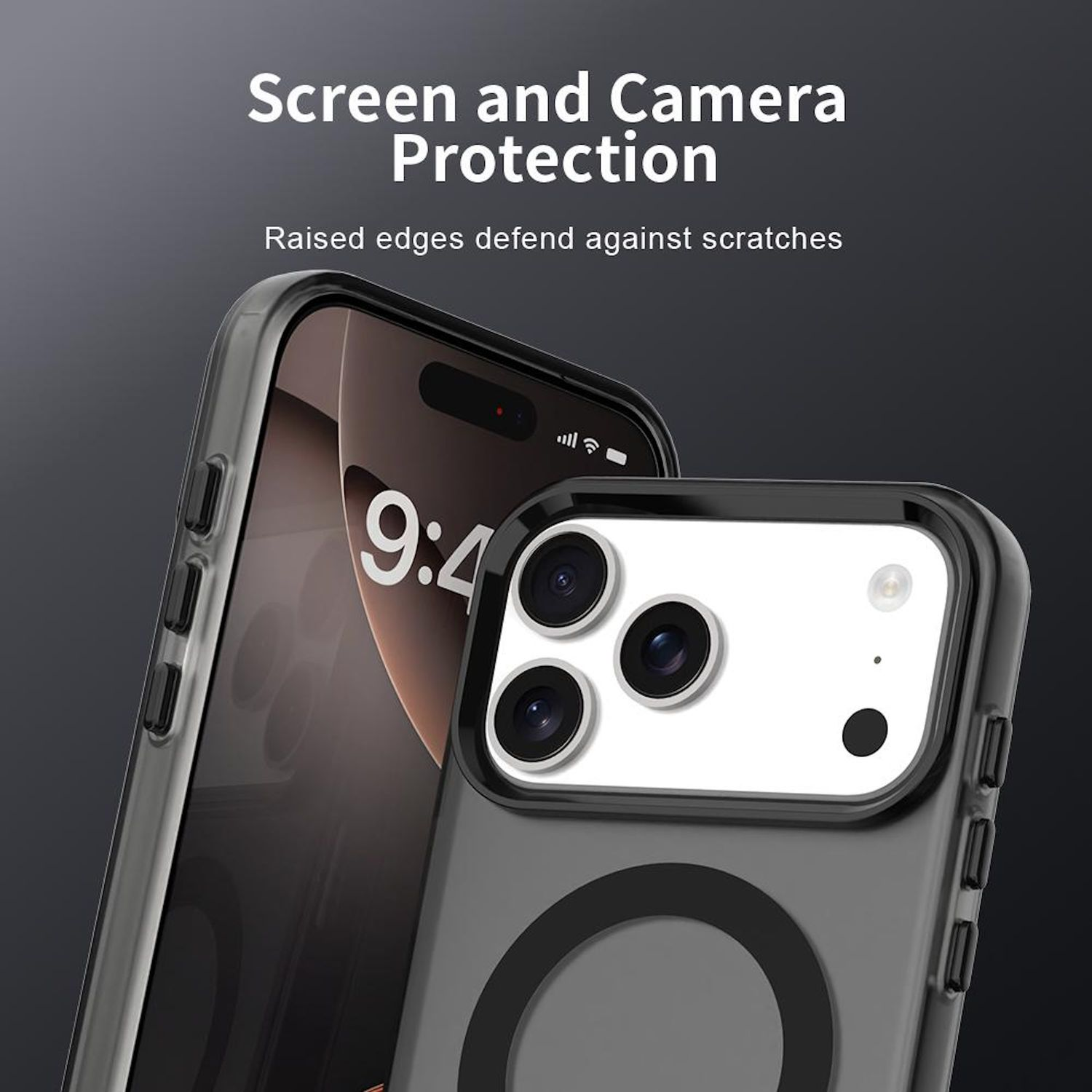 Zwei Smartphones mit Schutzhüllen. Eines zeigt den Bildschirm mit der Uhrzeit, das andere hat Kameralinsen und einen schwarzen Ring.