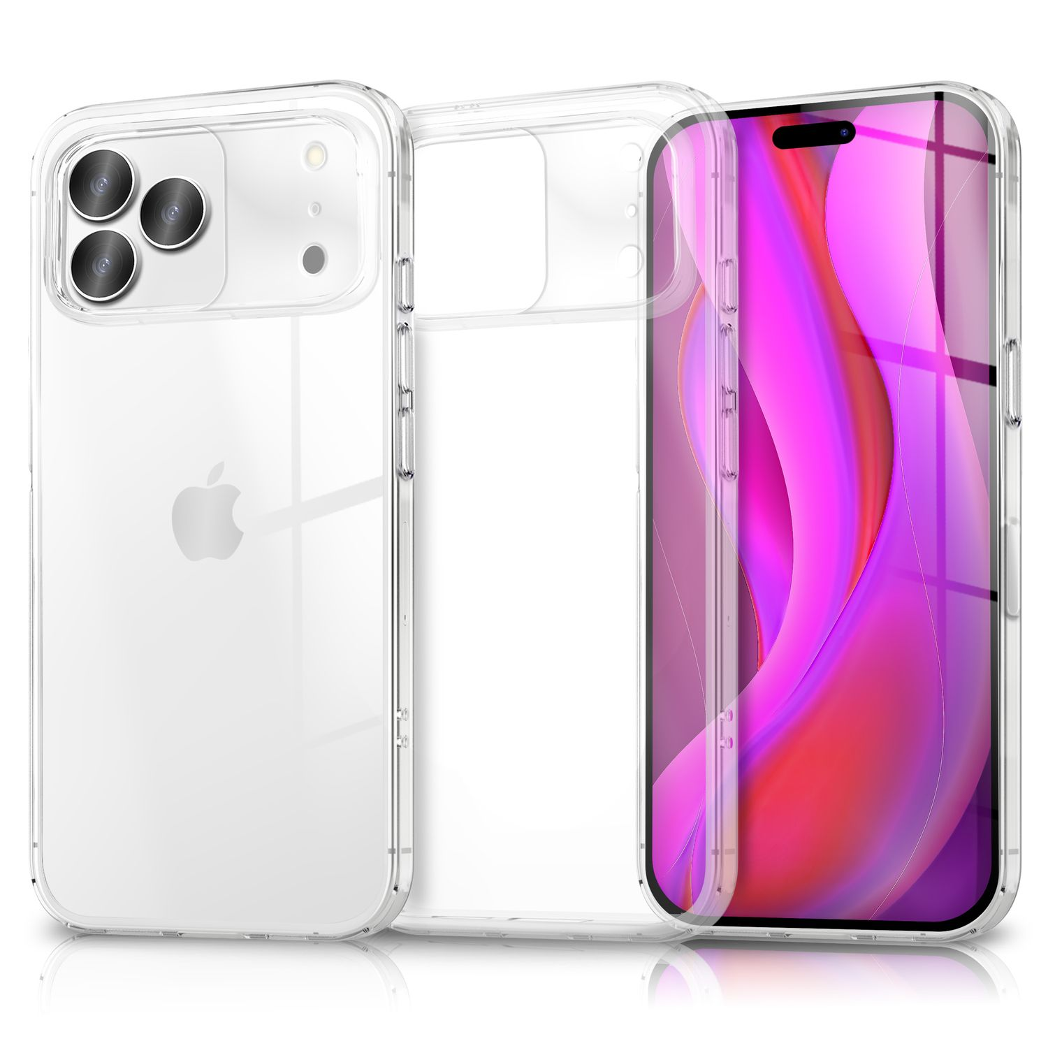 Eine transparente Handyhülle mit einem Telefon darin. Das Telefon zeigt ein farbenfrohes Hintergrundbild.