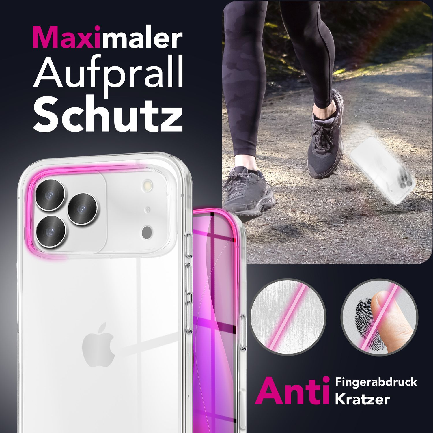 Eine Handyhülle mit pinkfarbenen Akzenten, gezeigt in der Nähe eines Läufers. Text sagt 'Maximaler Aufprall Schutz' und 'Anti Fingerabdruck Kratzer'.