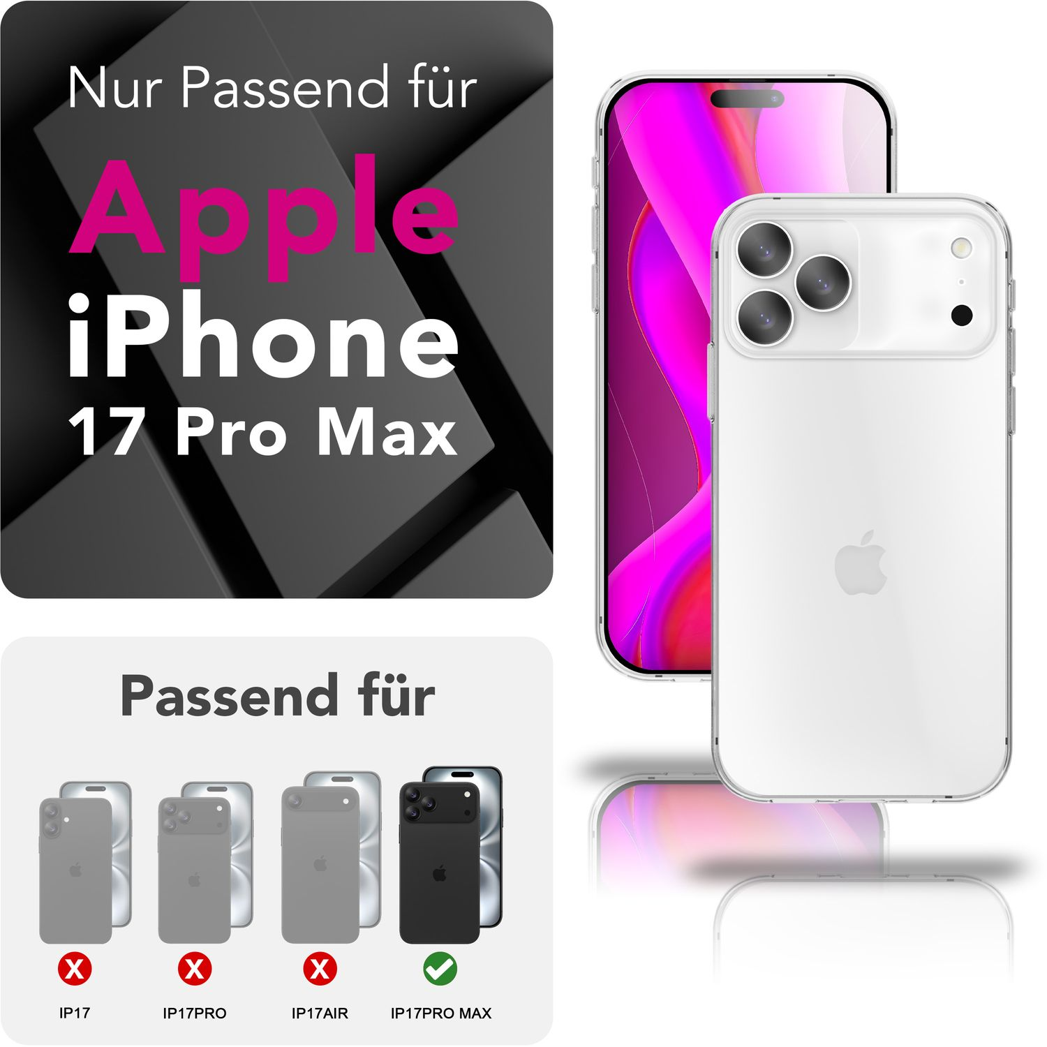 Transparente Handyhülle auf einem iPhone 17 Pro Max, mit Text 'Nur Passend für Apple iPhone 17 Pro Max' und Kompatibilitätstabelle.