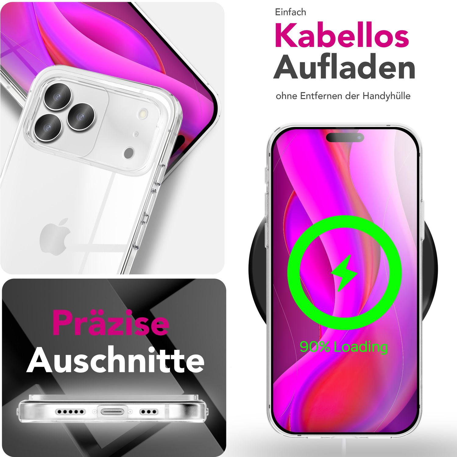 Ein Telefon wird kabellos aufgeladen und zeigt 90 % Ladevorgang an. Eine transparente Handyhülle und die Worte 'Kabellos Aufladen' sind sichtbar.