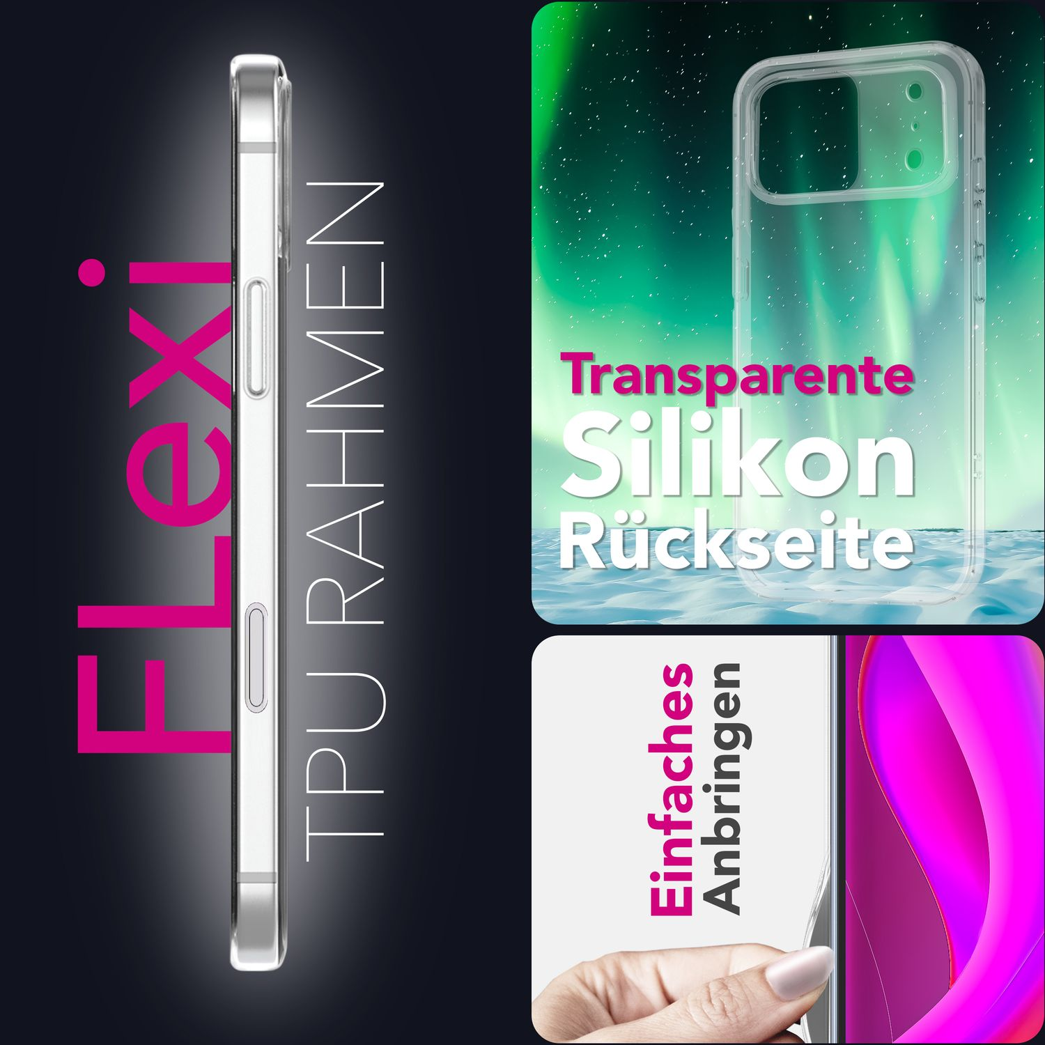 Das Bild zeigt eine Handyhülle mit den Texten 'Flexi' und 'TPU Rahmen'. Eine Hand hält die Handyhülle, mit dem Text 'Einfaches Anbringen'.