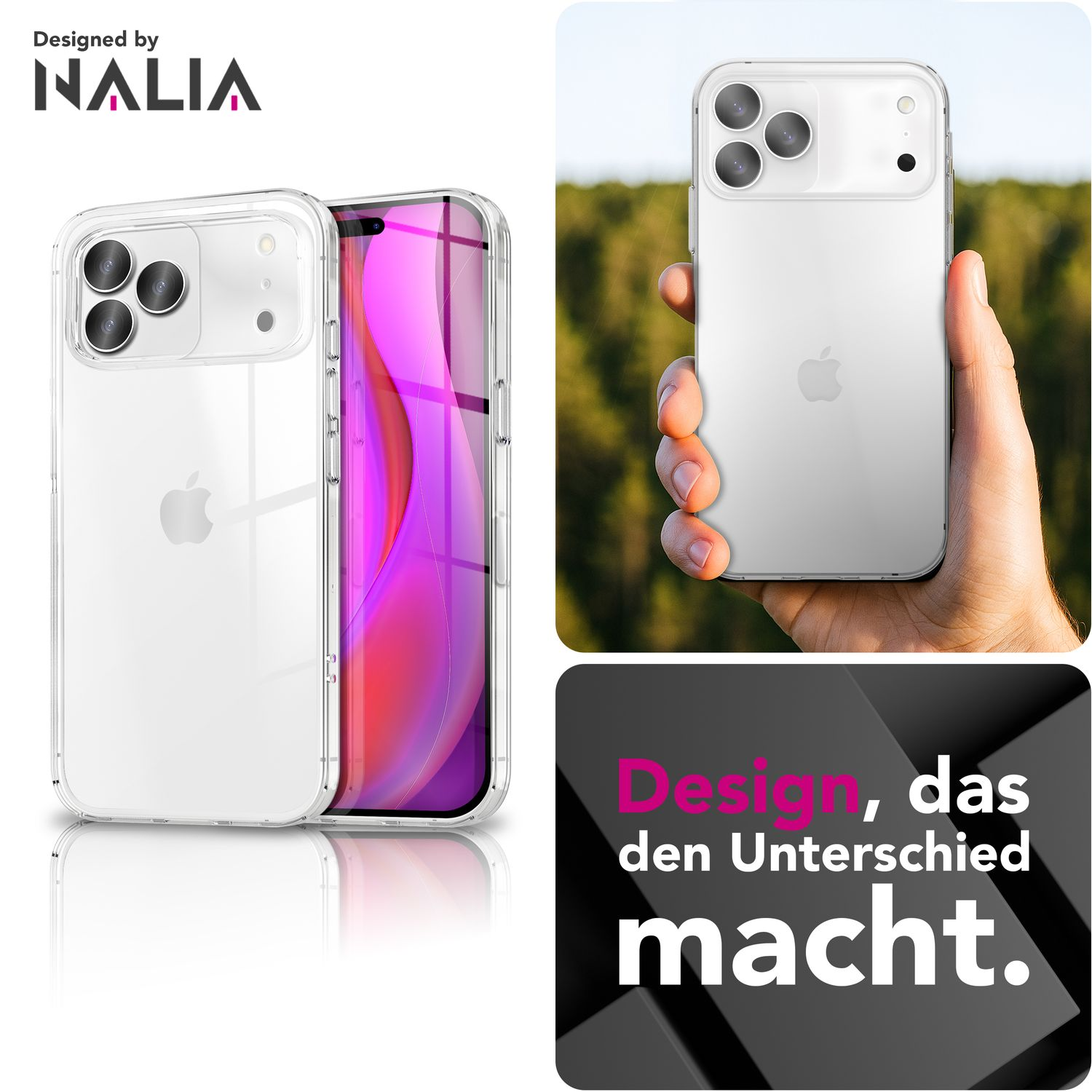 Eine transparente Handyhülle mit einem Handy darin wird gezeigt. Das Telefon hat drei Kameras, ein Logo und einen rosa-violetten Bildschirm.