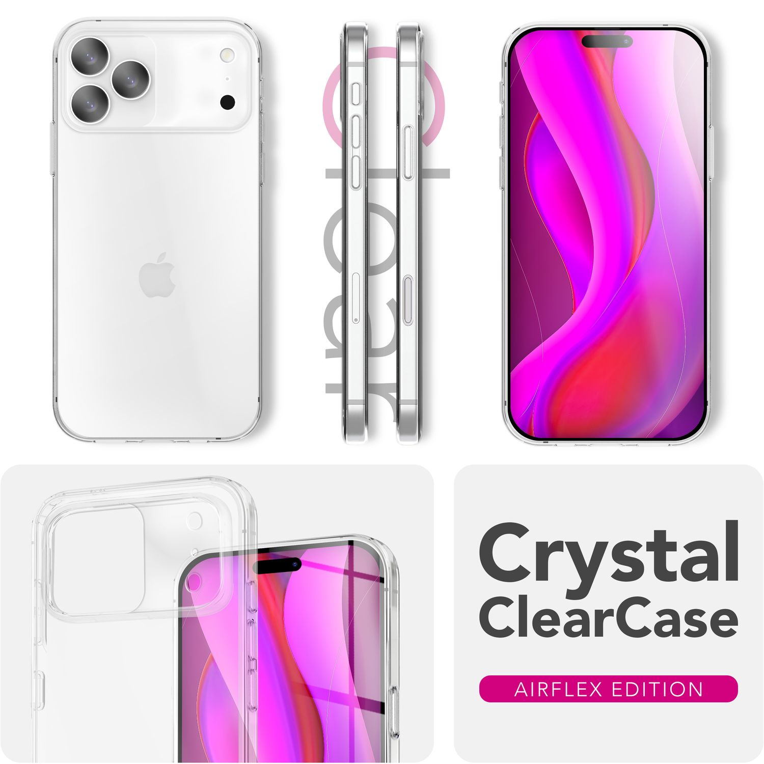 Eine transparente Handyhülle, die ein iPhone mit einem leuchtenden rosa und lila Hintergrund zeigt. Die Hülle ist als 'Crystal ClearCase' bezeichnet.