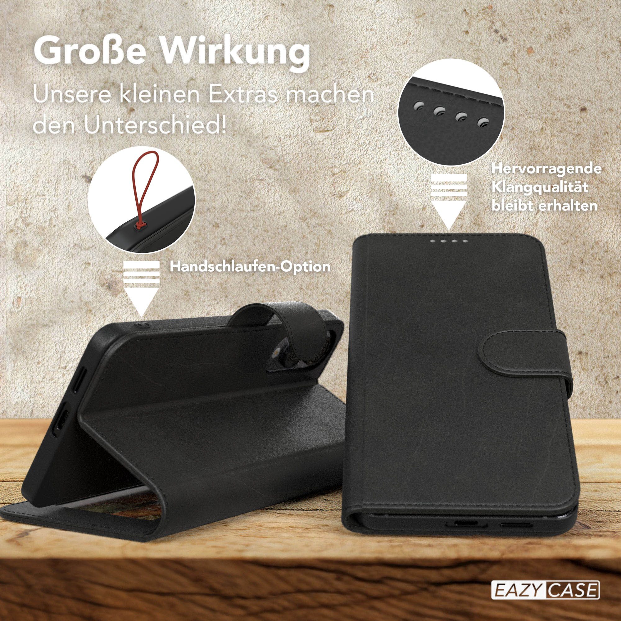 Schwarze Handyhülle mit Schlaufenoption und geschlossenem Etui. Text: Große Wirkung, die kleinen Extras machen den Unterschied.
