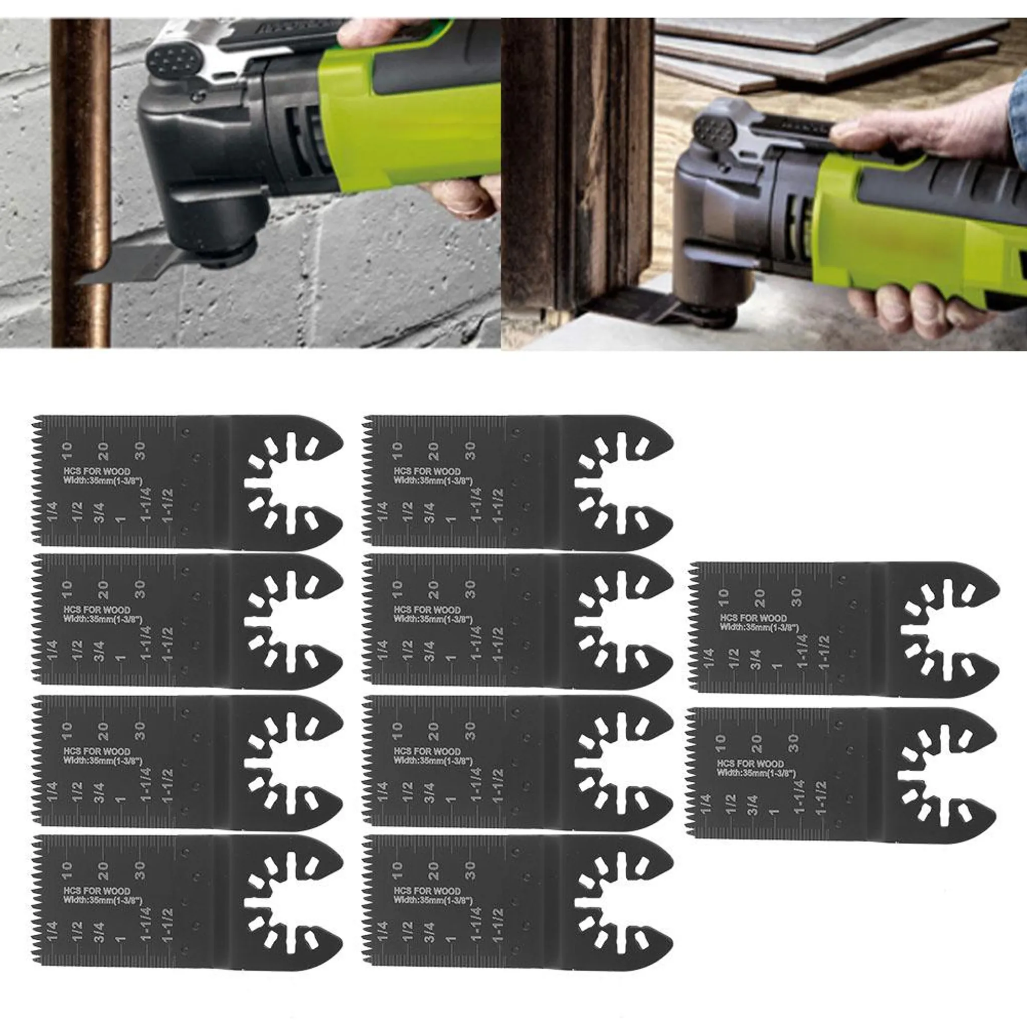 Ein oszillierendes Multitool mit einer Klinge, die durch ein Kupferrohr schneidet. Ein Stapel Klingen liegt darunter.