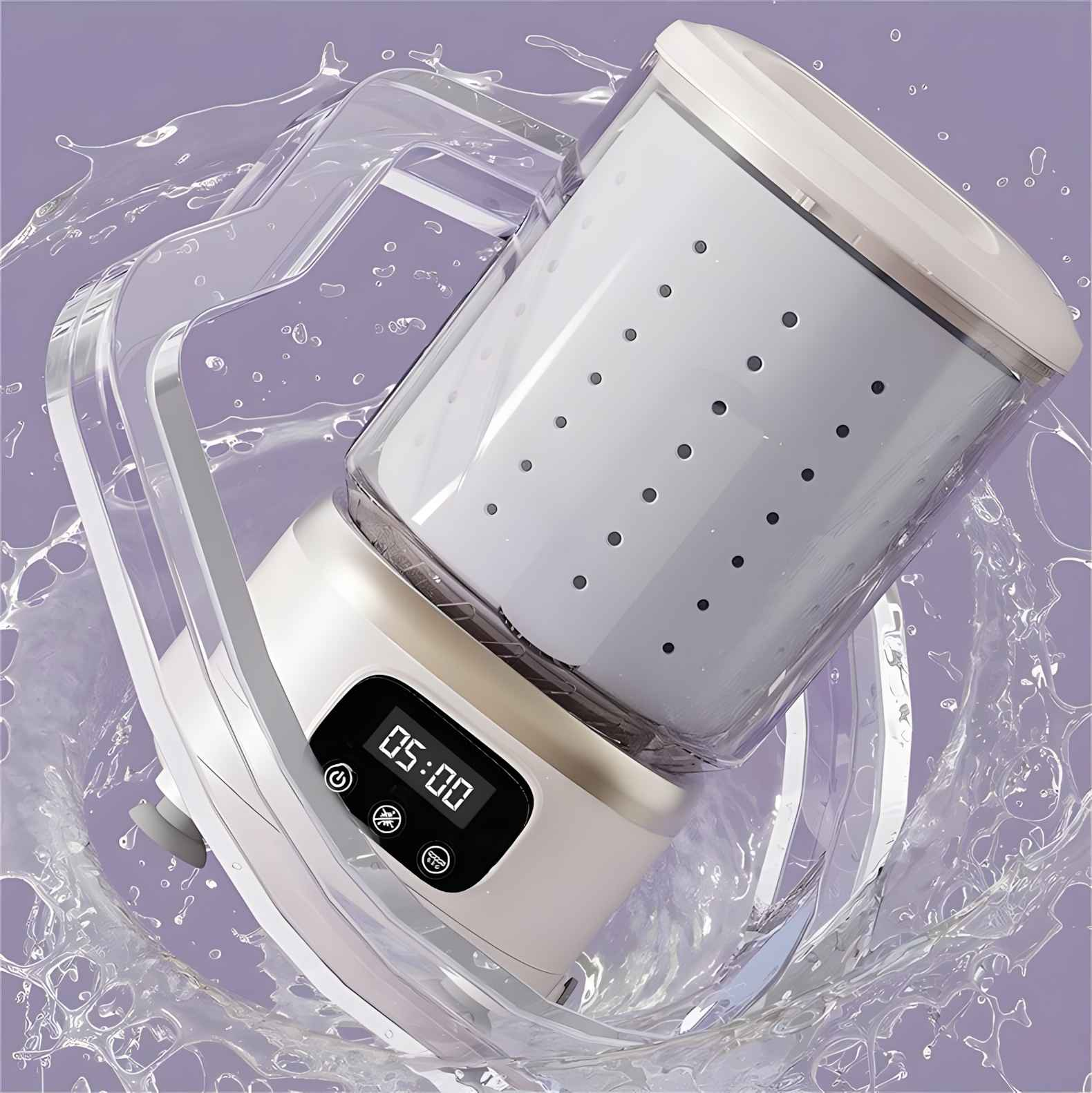 Eine weiße und transparente Waschmaschine mit Digitalanzeige, umgeben von Wasserspritzern, auf lila Hintergrund.