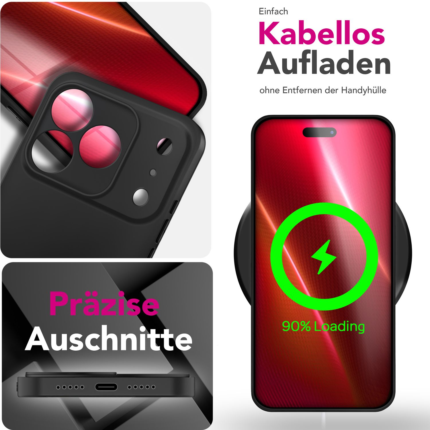 Das Bild zeigt ein kabelloses Aufladen des Telefons. Eine Handyhülle und ein Ladepad sind sichtbar. Text zeigt 'kabelloses Aufladen' und 'präzise Ausschnitte'.
