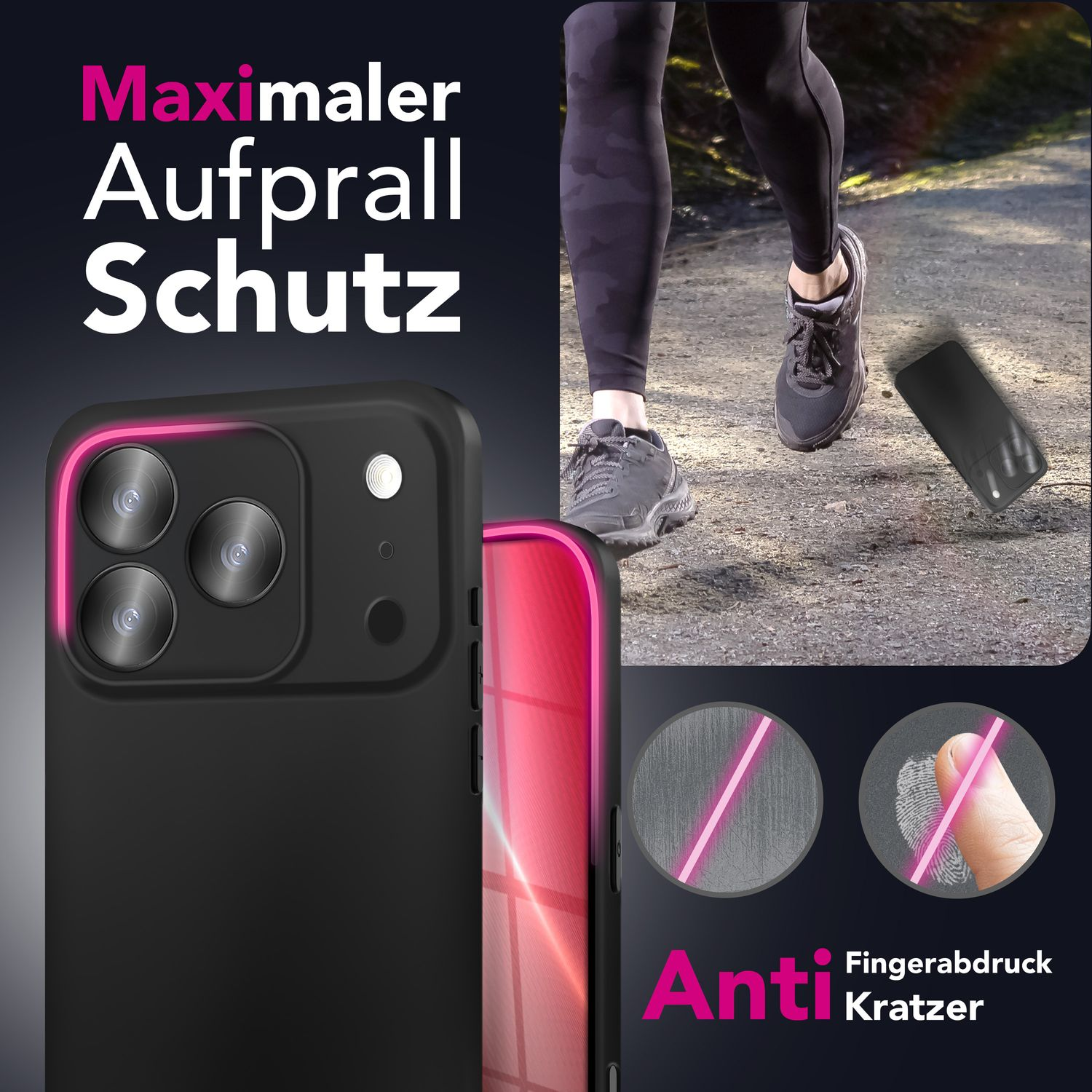 Ein iPhone in einer Hülle mit dem Text: Maximaler Aufprall Schutz. Eine Person, die mit einer Handyhülle rennt. Anti Kratzer und Fingerabdruckschutz.