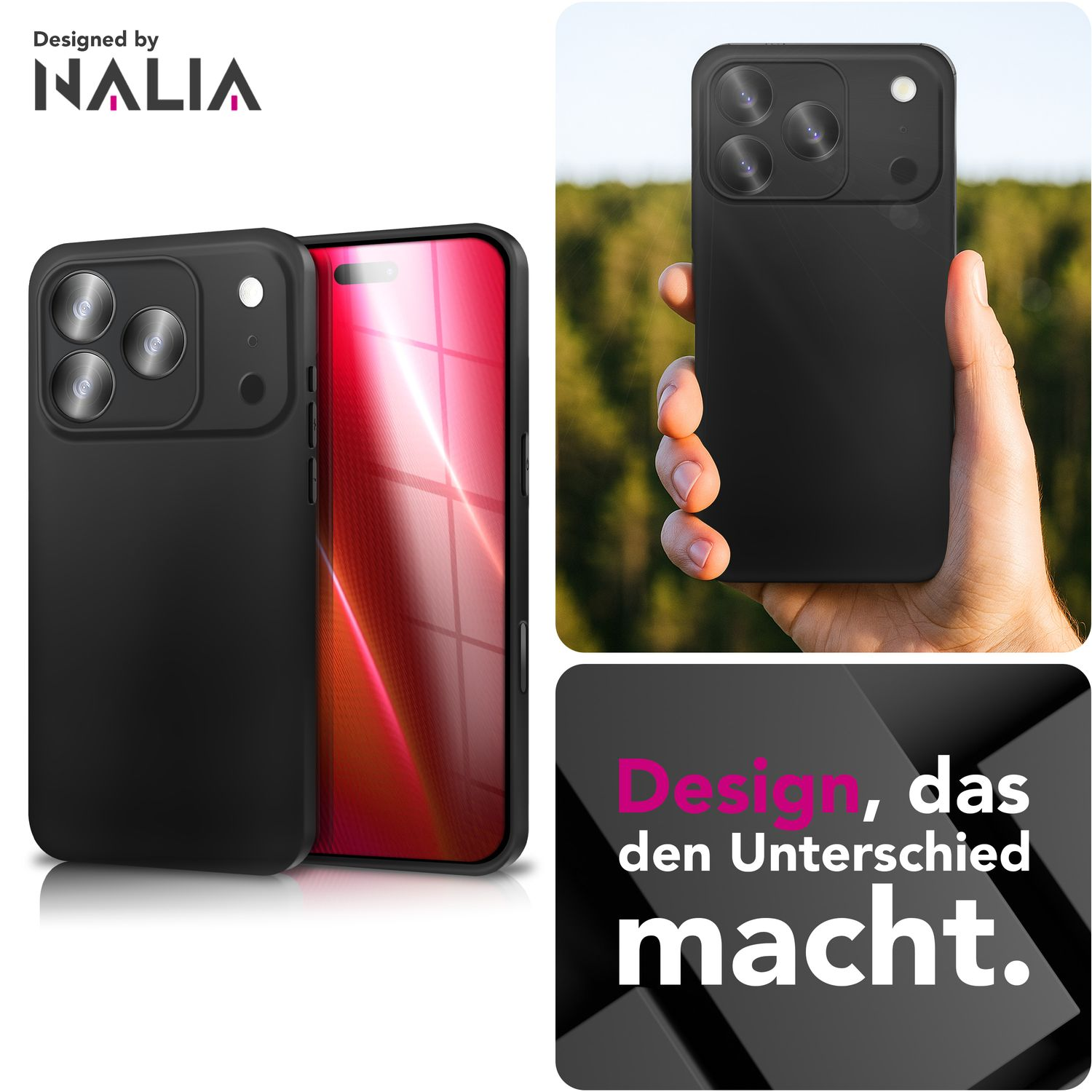 Schwarze Handyhülle mit Kameraausschnitten. Zwei Telefone werden gezeigt, eines in einer Hand, das andere auf weißem Untergrund.
