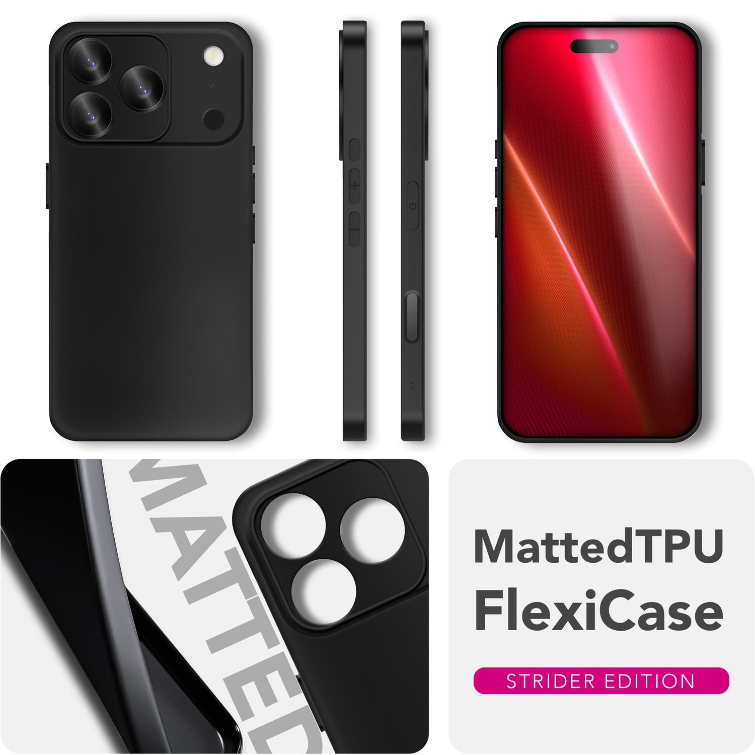 Produktaufnahme einer schwarzen Handyhülle. Zeigt Vorder-, Seiten- und Bildschirmansichten. Enthält den Text 'Matted TPU FlexiCase' und 'STRIDER EDITION'.