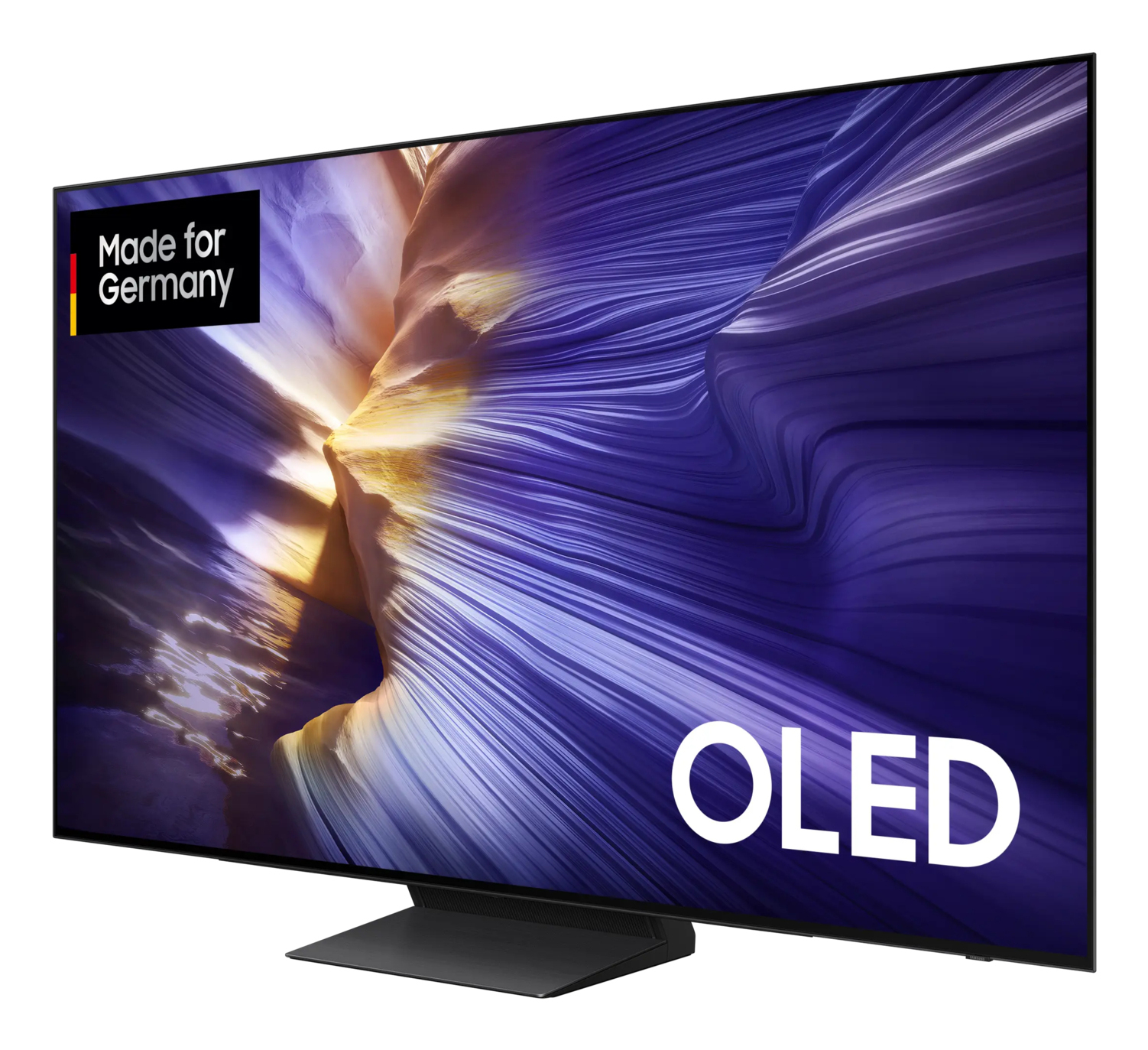 Ein schlanker OLED-Fernseher zeigt ein lebendiges, abstraktes Bild mit lila und goldenen Farbtönen. Der Bildschirm trägt die Bezeichnung OLED und ein Made for Germany-Label.