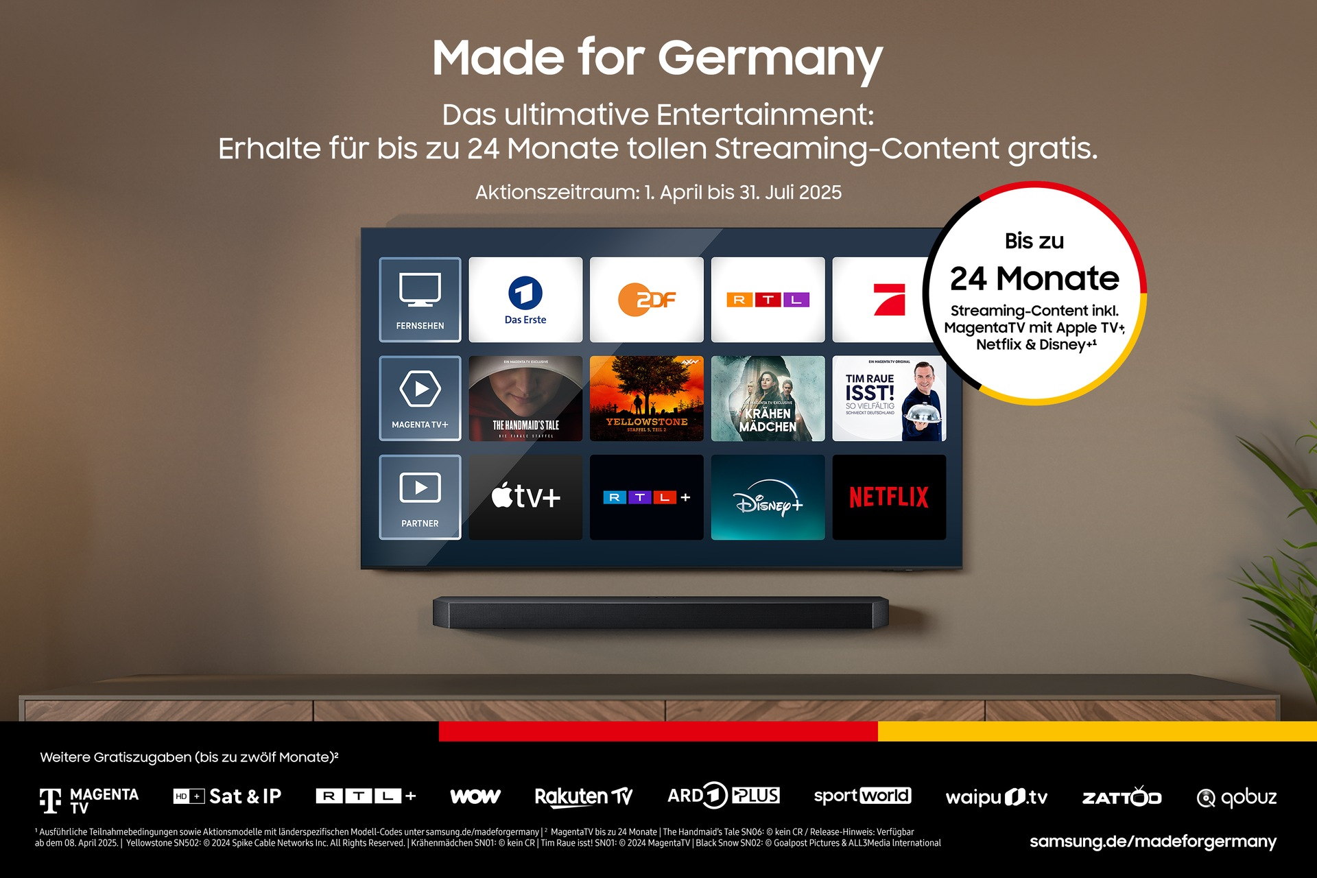 TV-Bildschirm mit Logos von Streaming-Diensten. Werbung lautet: 'Made for Germany' bietet kostenlose Streaming-Inhalte für bis zu 24 Monate.
