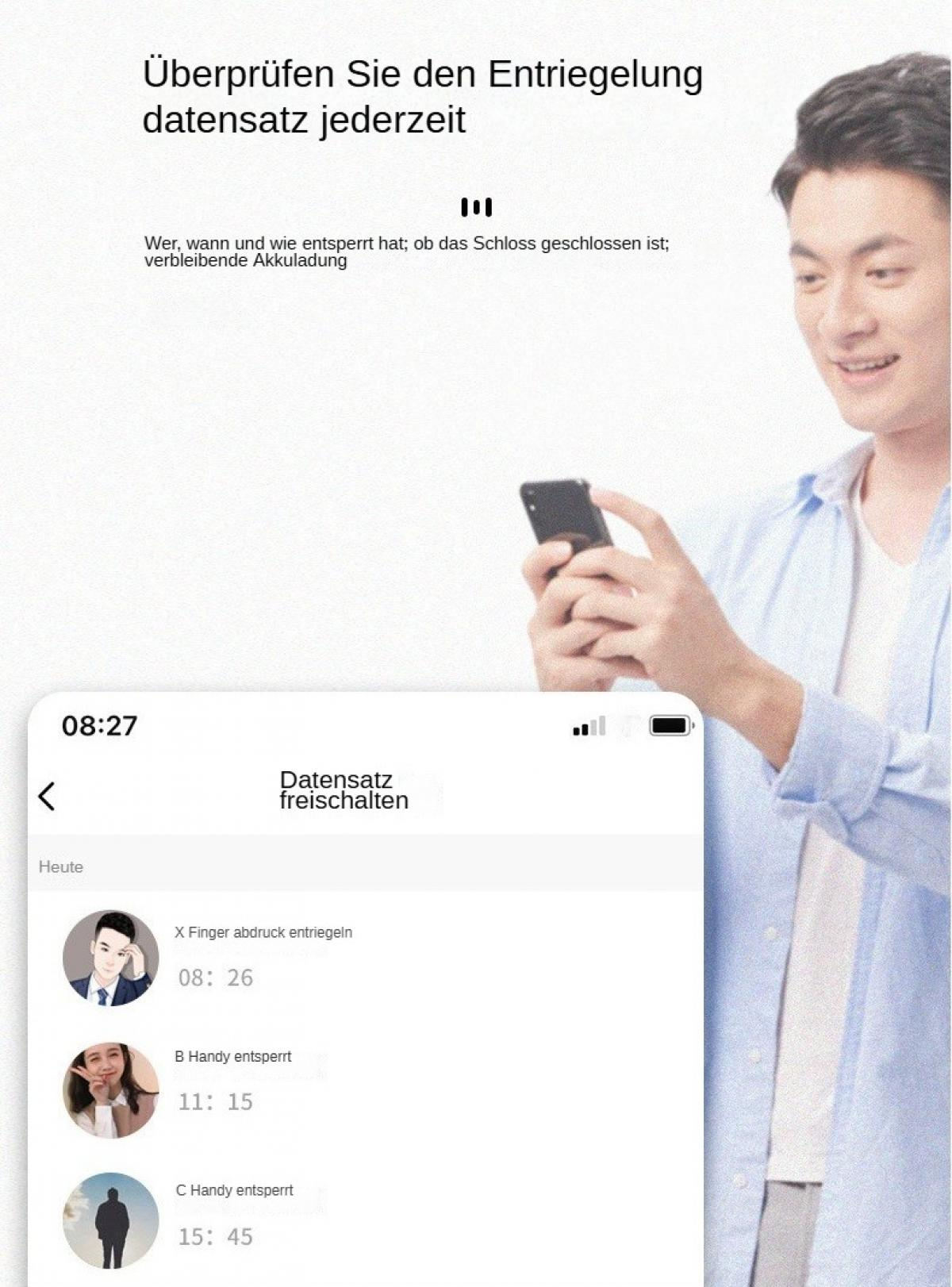 Ein Mann mit einem Telefon, das Entsperrdatensätze anzeigt. Der Bildschirm zeigt Entsperrzeiten und Benutzerdetails. Ein weißer Hintergrund.