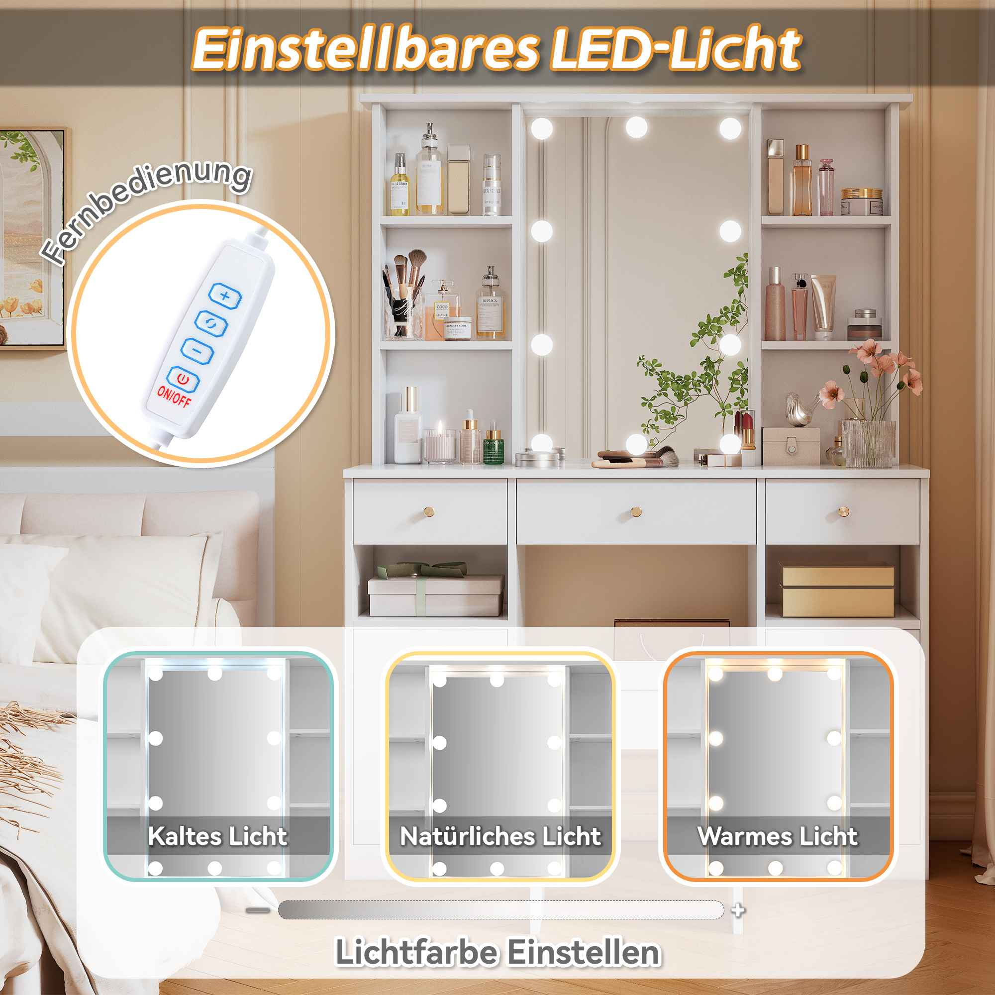 Ein Schminktisch mit einstellbaren LED-Lichtoptionen. Enthält Fernbedienung und drei Lichteinstellungen: kalt, natürlich und warm.